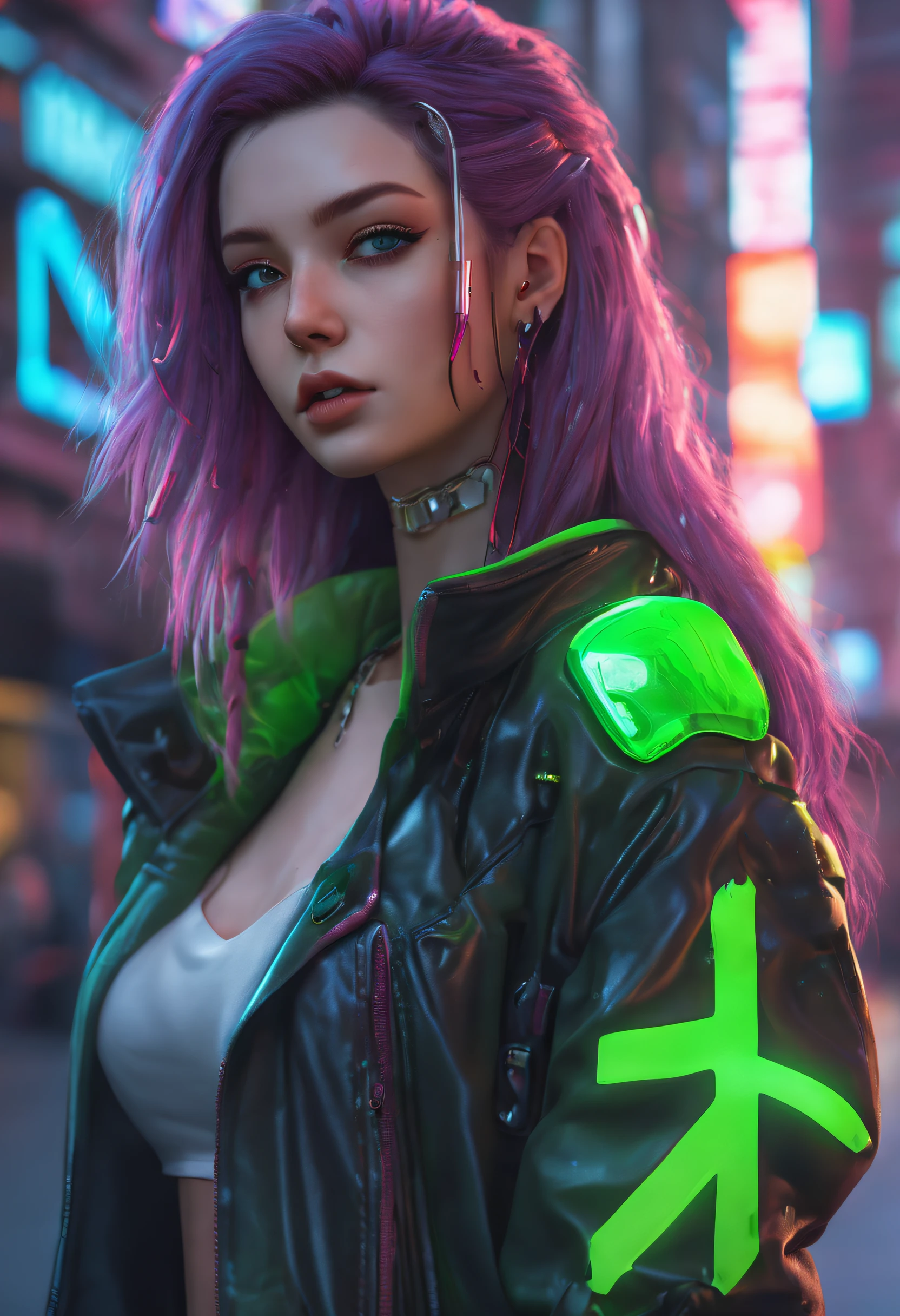 (cinematic, 8k, best quality, masterpiece: 1.2), (realistic, photo-realistic: 1.37), ultra-detailed, soft light, best quality, ultra highres, raw photo in HDR, sharp focus, intricate texture, skin imperfections, 1 girl, cute, solo, raw photo, Rebecca a robotic girl with green hair, pink tattoo on neck and belly, crazy face with rage, wearing a black jacket with yellow details,  19yo, camel fingers, slim body, warm body, shiny skin, realistic textures, reflected lighting, volumetric lighting. Background a cyberpunk city at night, neon lighting.