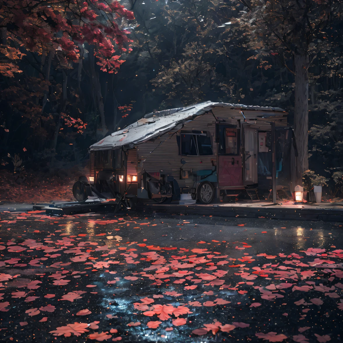 RV 32K（tmasterpiece，k hd，hyper HD，NSFW）Flowing short hair，Back room pond camping base，zydink，deep in the night， RV， Camping base（abstract ink splash：1.2）， Rainstorm background，Camping lights（realisticlying：1.4），Fallen leaves flutter，The background is pure， A high resolution， Detai National Natural Science Foundation， RAW photogr NSFW， Sharp Re， Nikon D850 Film Stock Photo by Jefferies Lee 4 Kodak Portra 400 Camera F1.6 shots, Rich colors, ultra-realistic vivid textures, Dramatic lighting, Unreal Engine Art Station Trend, cinestir 800，RV