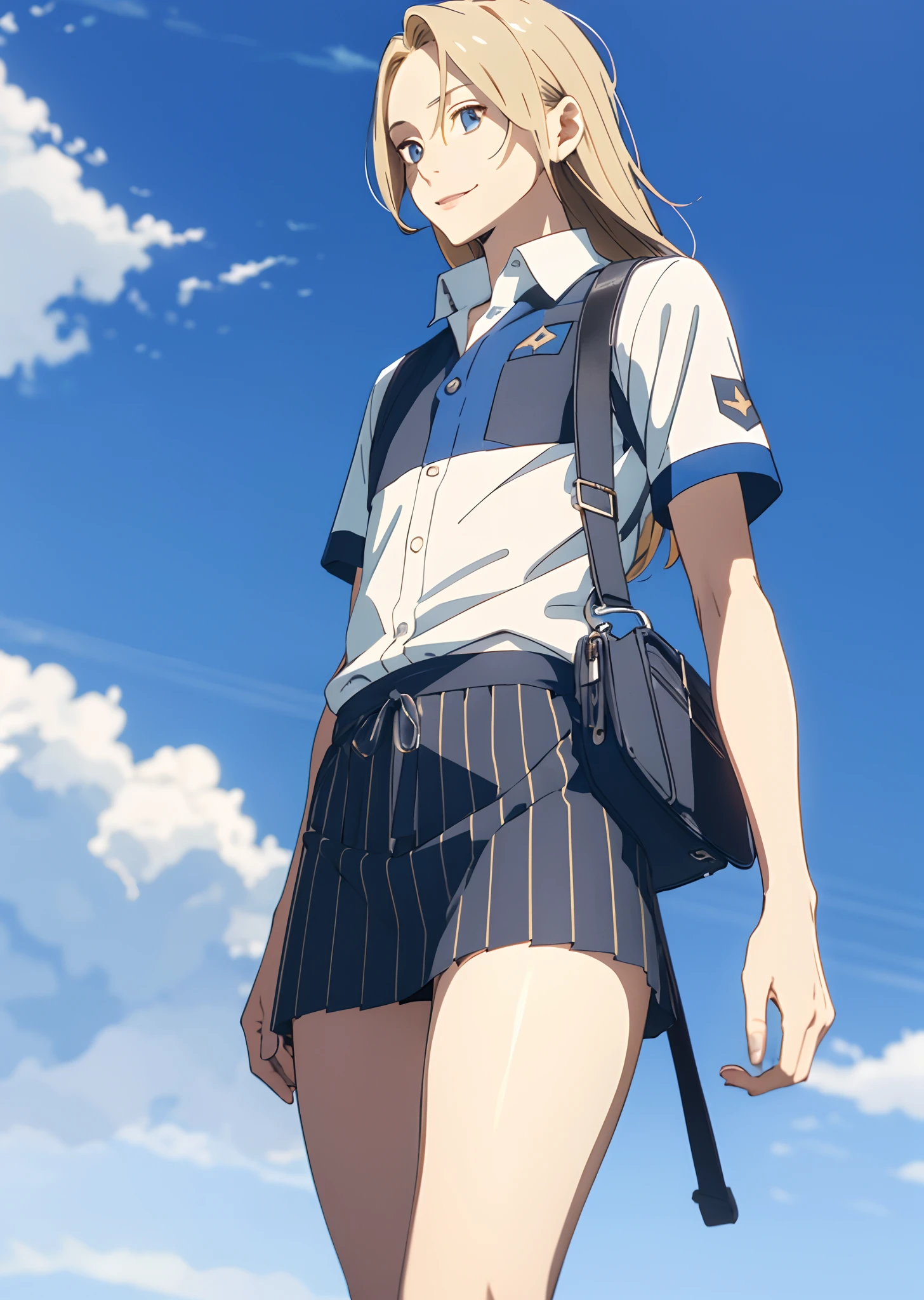 Cute femboy, Boy's ((1Solo boy)) figure Striped underwear exposed, pants, skirt pulled up, ((miniskirt, thighs, flat chest)) Bag, bottom, side of panties, flat chest Underwear visible Blonde, long hair Blue eyes Flat chest Glossy skin Blue eyes Cute face Uniform in a miniskirt (Male bulge) (Male bulge) Composition from below Looking away Not looking at the camera Looking away Smiling Good mood Fun Uniform appearance