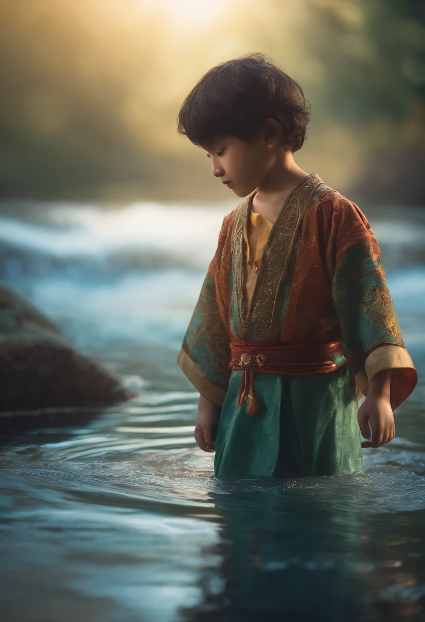 male child、werecreature、light skinned、Clothes with a flowing water pattern