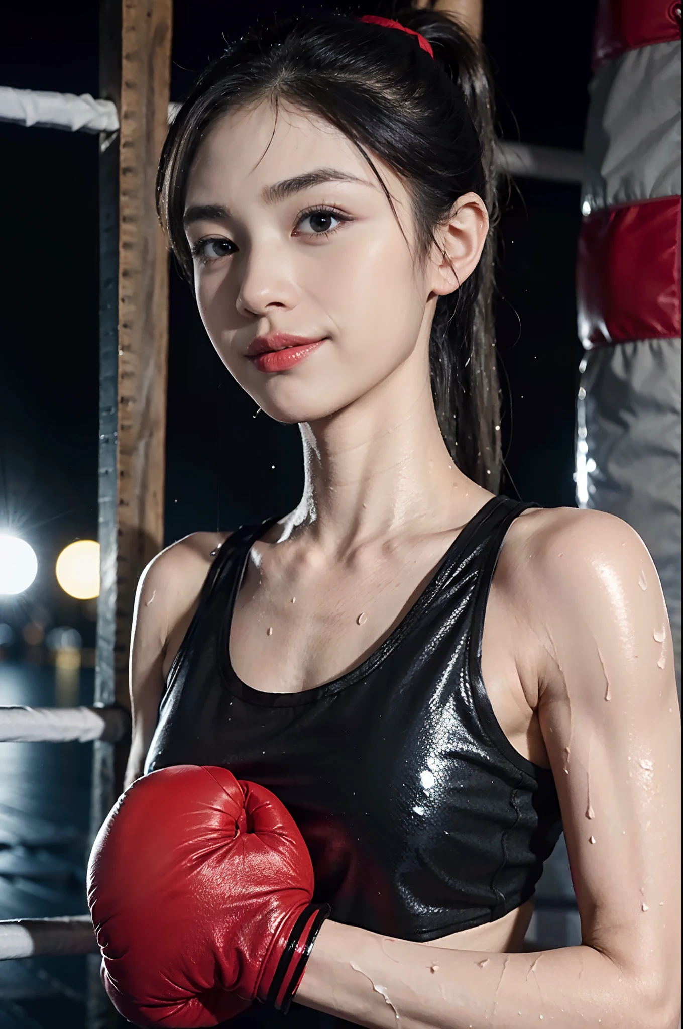 Masterpiece, top quality, (realistic, realistic: 1.4), (RAW photo: 1.2), very delicate CG Unity 8K wallpaper, very delicate beautiful, wonderful, boxing pose, attention to detail, official art, ridiculous, incredibly ridiculous, huge file size, very fine, very delicate, beautiful eyes and face, beautiful delicate eyes, light on face, a girl,(solo:1.3),(short ponytail:1.2), (pompom) navel, upper body,(shiny skin:1.5),(Red sports tank top:1.5), (boxing gloves on both hands:1.5), bare arms, Bangs ,In a large boxing stadium,Night view, bright lights,The stands were packed with spectators,warm atmosphere,Boxing Ring, ULZZANG-6500-v1.1,Small head, small face, slim, thin, shoulder length black straight short hair, small breasts, flat chest,smile,happy, powerful, (strong muscles:1.6),(sweat:1.7),ready to fight