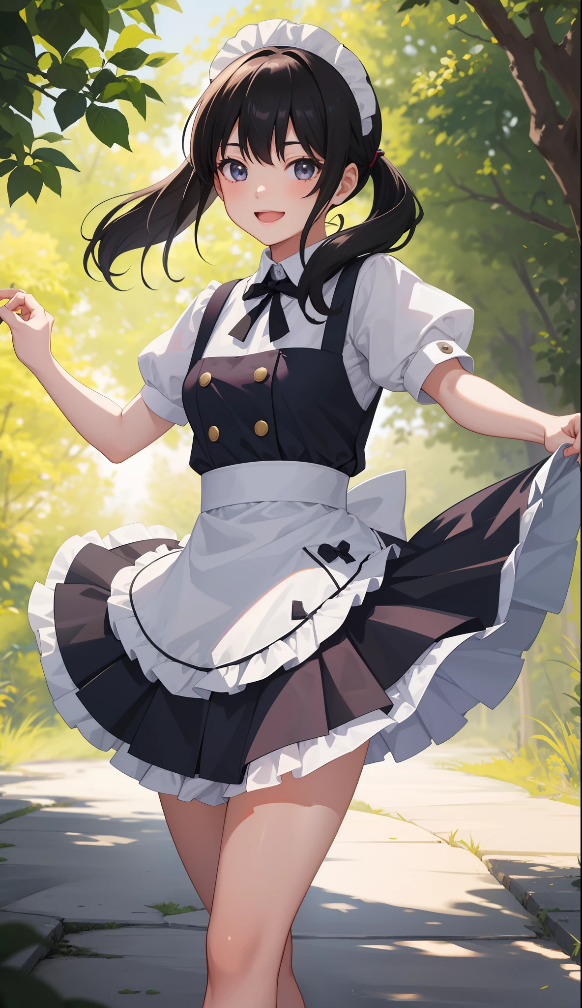 1girl in、AS-Adult、A smile、The shirt、skirt by the、(small tits)、doress、pinafore、Hair decoration、(Maid costume)、Walking with a thigh、Upper body portrait、movement、