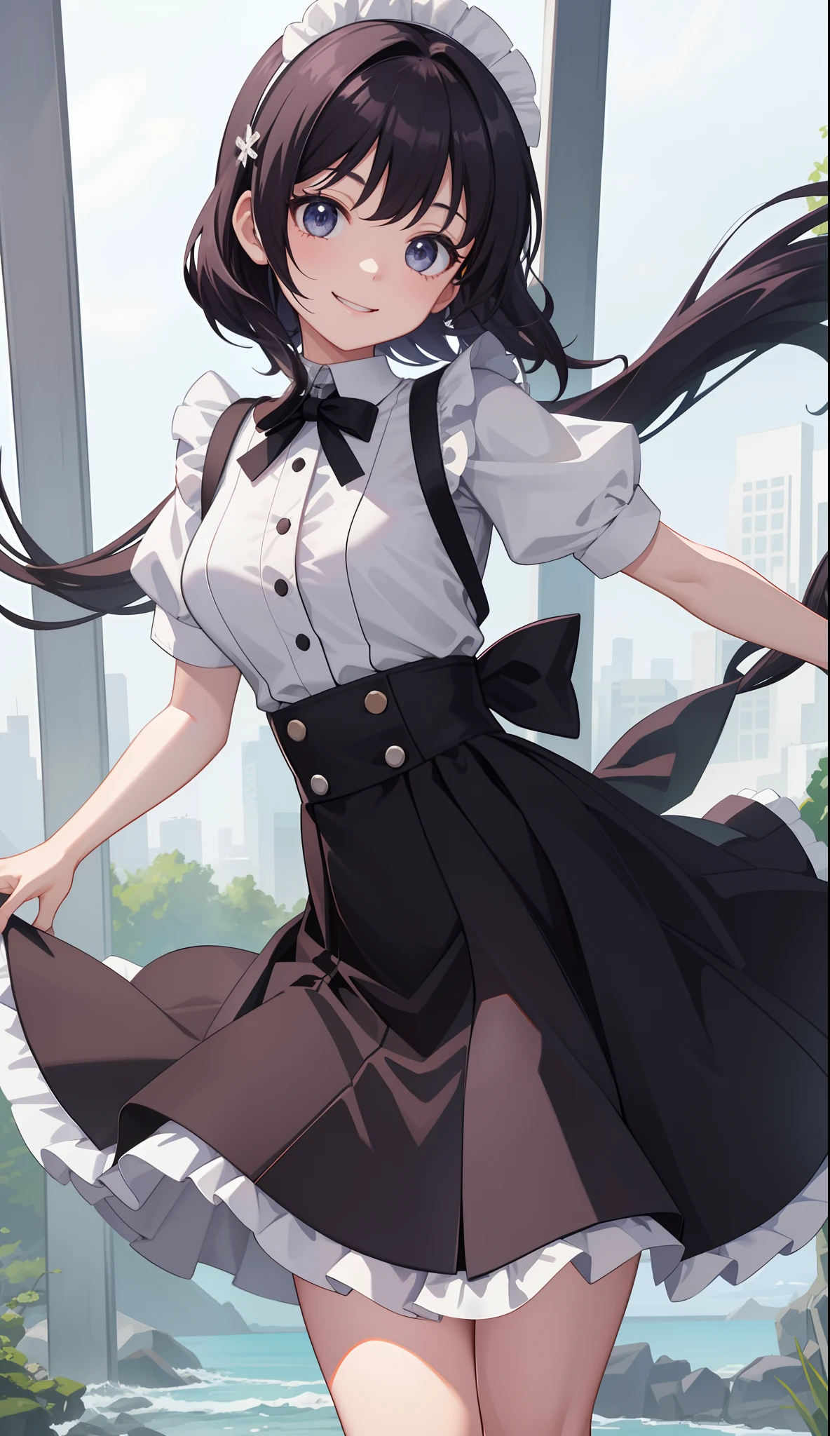 1girl in、AS-Adult、A smile、The shirt、skirt by the、(small tits)、doress、pinafore、Hair decoration、(Maid costume)、Walking with a thigh、Upper body portrait、movement、