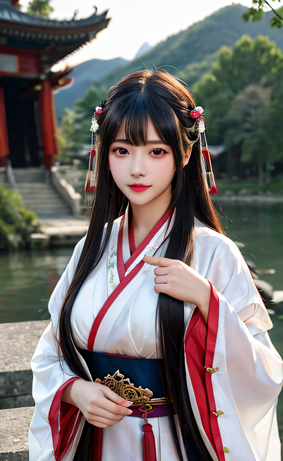 upper body,masterpiece, best quality,(photorealistic:1.4), highres, long hair, jewelry hairpin, large breast, riverside and rock or temple or bridge,
hanstyle, han clothing, hanfu, see-through,