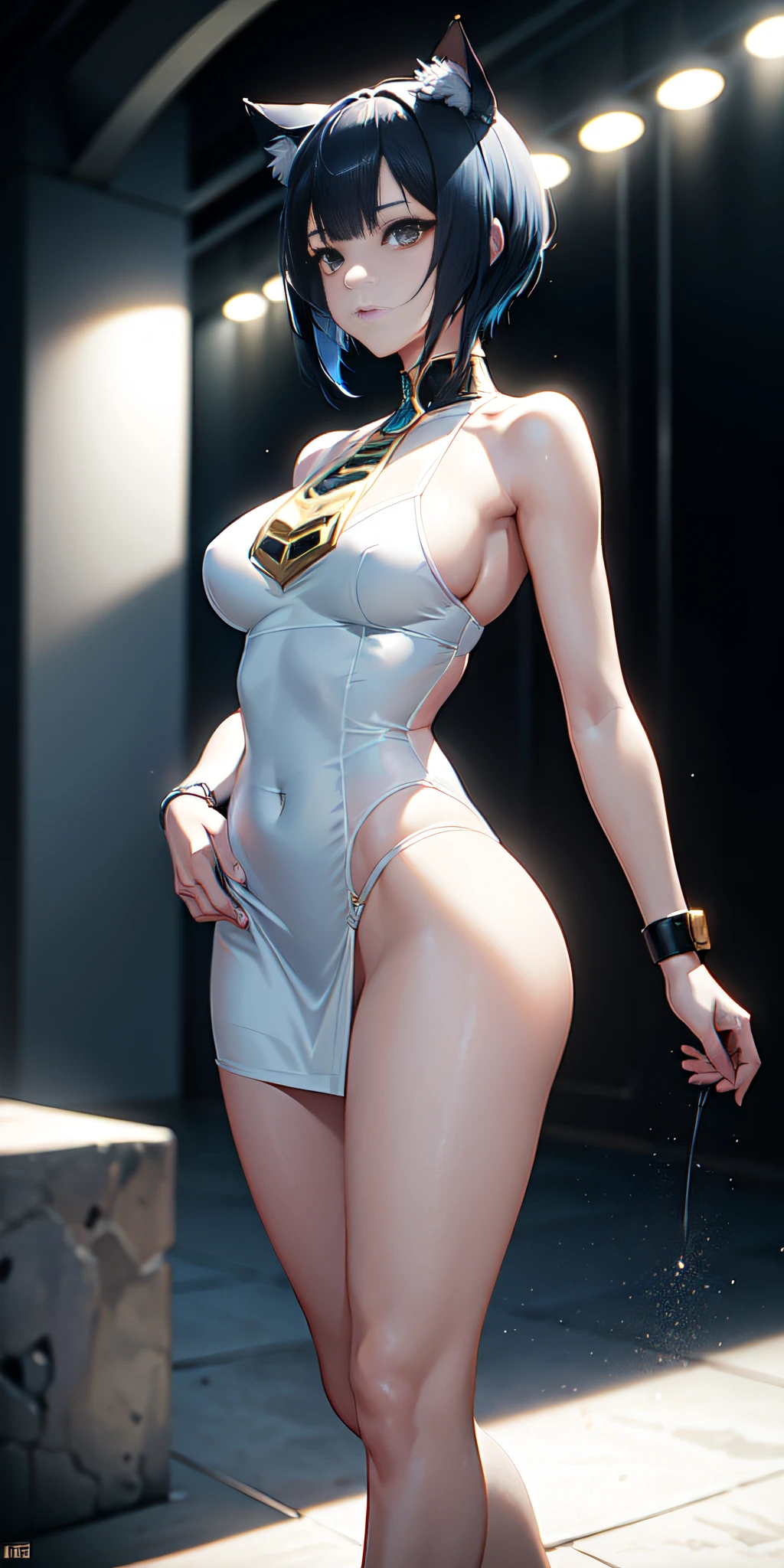 american shot, Professional anime art, anime, cat woman 19 years old very beautiful, Cat ears, ((Short blue hair, bangs, very short white transparent silk dress)), Very strong rising wind, (Looking at the viewer: 1.1), ( (Egypt style, pharaoh, 50% Very short and realistic transparent silk underwear)), (face: symmetrical, seductive and pleasant), sexy pose, 2-piece suit, professional seductress, slim figure with perfect body, centered, a jungle in the background with heavy rain, high contrast, HDR (High Dymanic Range), Ray tracing, NVIDIA RTX, Super resolution, Unreal 5, Sub-Surface Scatterring, PBR texture, Post-processing, Anisotropic filtering, Depth of field, Maximum clarity and sharpness , Multilayer textures, Albedo and specular maps, Surface shading, Precise simulation of light-material interaction, perfect proportions, High octane rendering, two-color lighting, Wide aperture, low ISO, 8k, camera canos eos professional lens 50mm