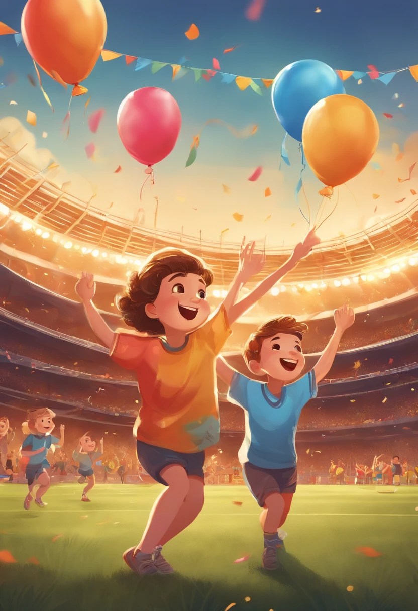 (Children's Day illustration), three children dressed in casual sportswear raise their hands and cheer on the football field, which is bright and warm, surrounded by streamers and balloons, and the crowd cheers. Characters occupy a small part of the picture.