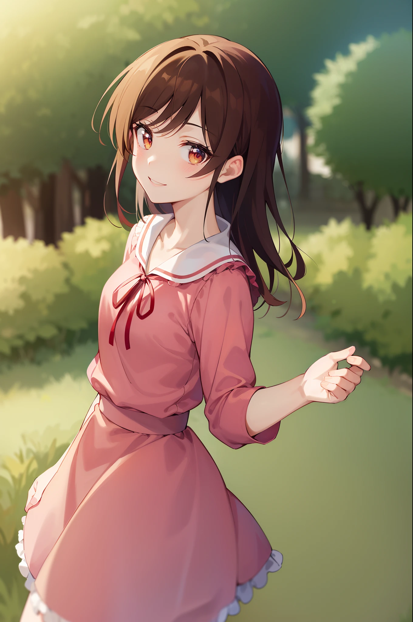 2d, masterpiece, best quality, anime, highly detailed, 1girl, solo, cowboy shot, chizuru, pink shirt, frilled shirt, white skirt, white collar, red ribbon, neck ribbon, collarbone, outdoors, smile