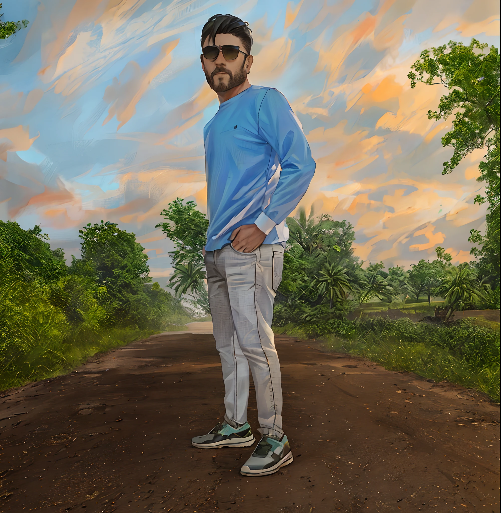 there is a man standing on a dirt road with a blue shirt, standing in road, in front of a forest background, full body picture, with a cool pose, distant full body view, full body photogenic shot, on a road, standing in street, distant full body shot, cool pose, casual pose, casual photography, jayison devadas style
