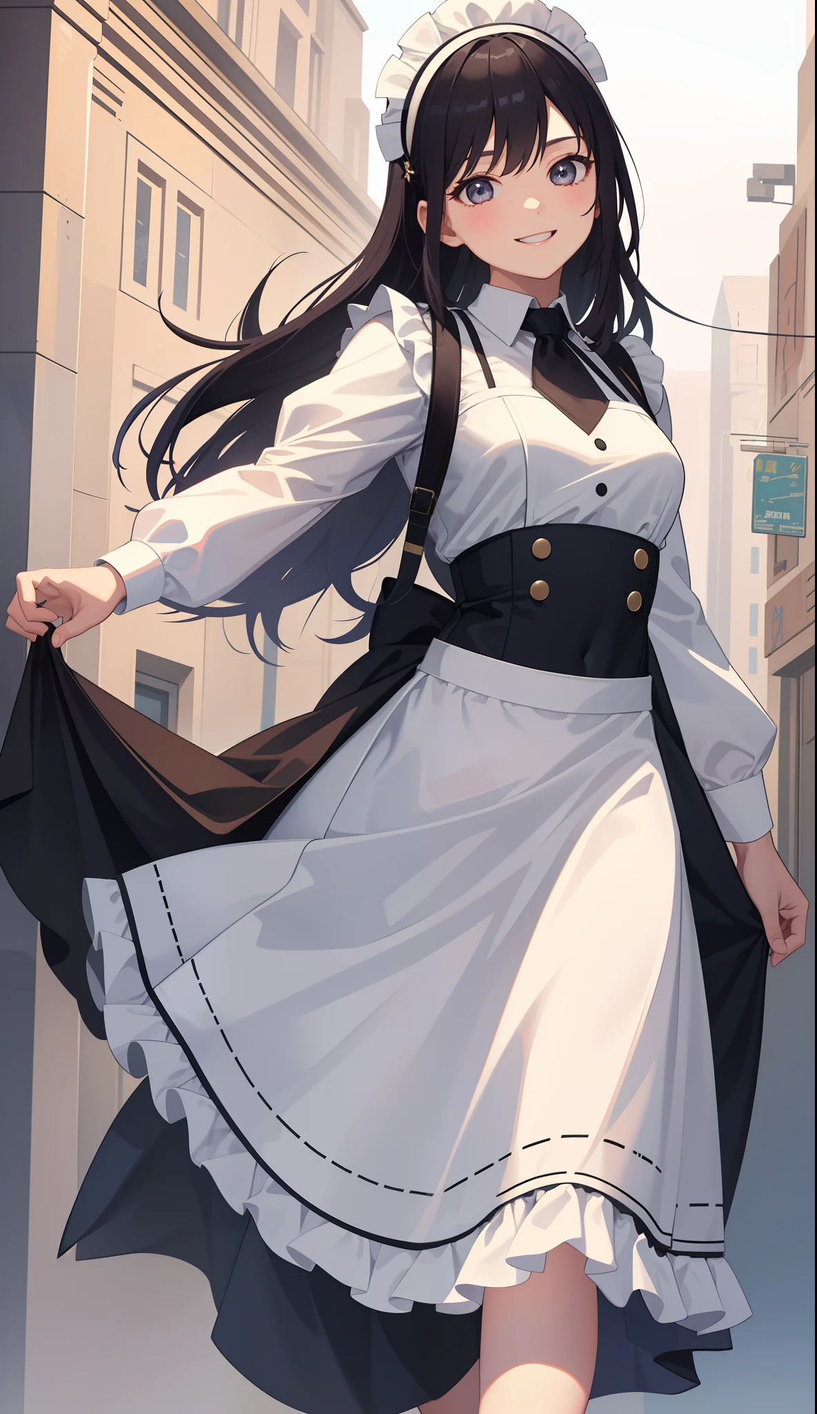 1girl in、AS-Adult、A smile、The shirt、skirt by the、(small tits)、doress、pinafore、Hair decoration、(Maid costume)、Walking with a thigh、Upper body portrait、movement、
