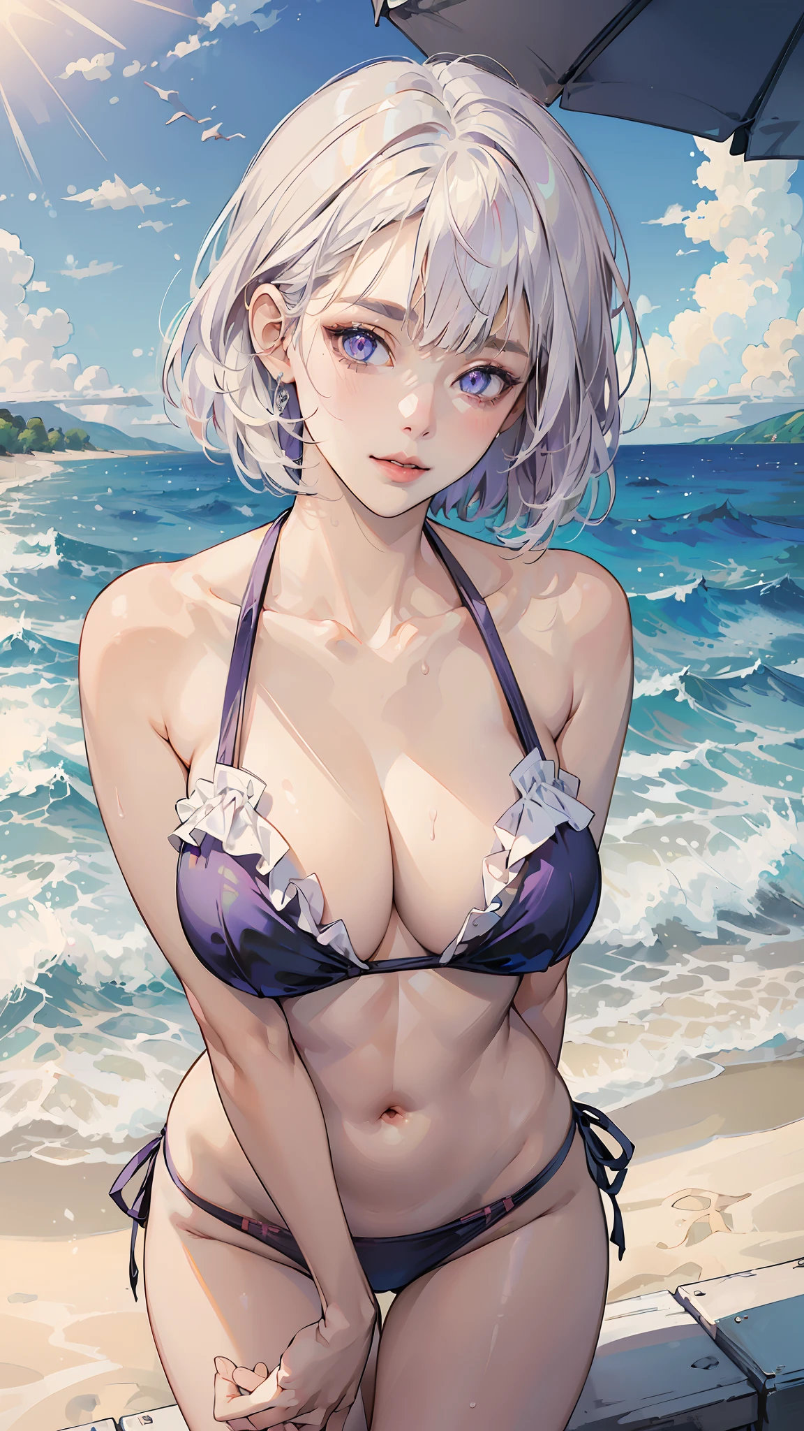 ((((masterpiece, best quality, high resolution)))), (1girl:1.5), white hair, bob cut, blunt bangs, (purple eyes: 1.5), (large breasts: 1.2), cleavage, blush, light smile, parted lips, glow, thighs, bare shoulders, collarbone, narrow waist, cleavage, (beautiful detailed face, beautiful detailed eyes), long slender thighs, perfect eyes, looking at the viewer, seductive looks, seductive pose, arms behind back, beach, seaside, colour patterns bikini, dripping wet