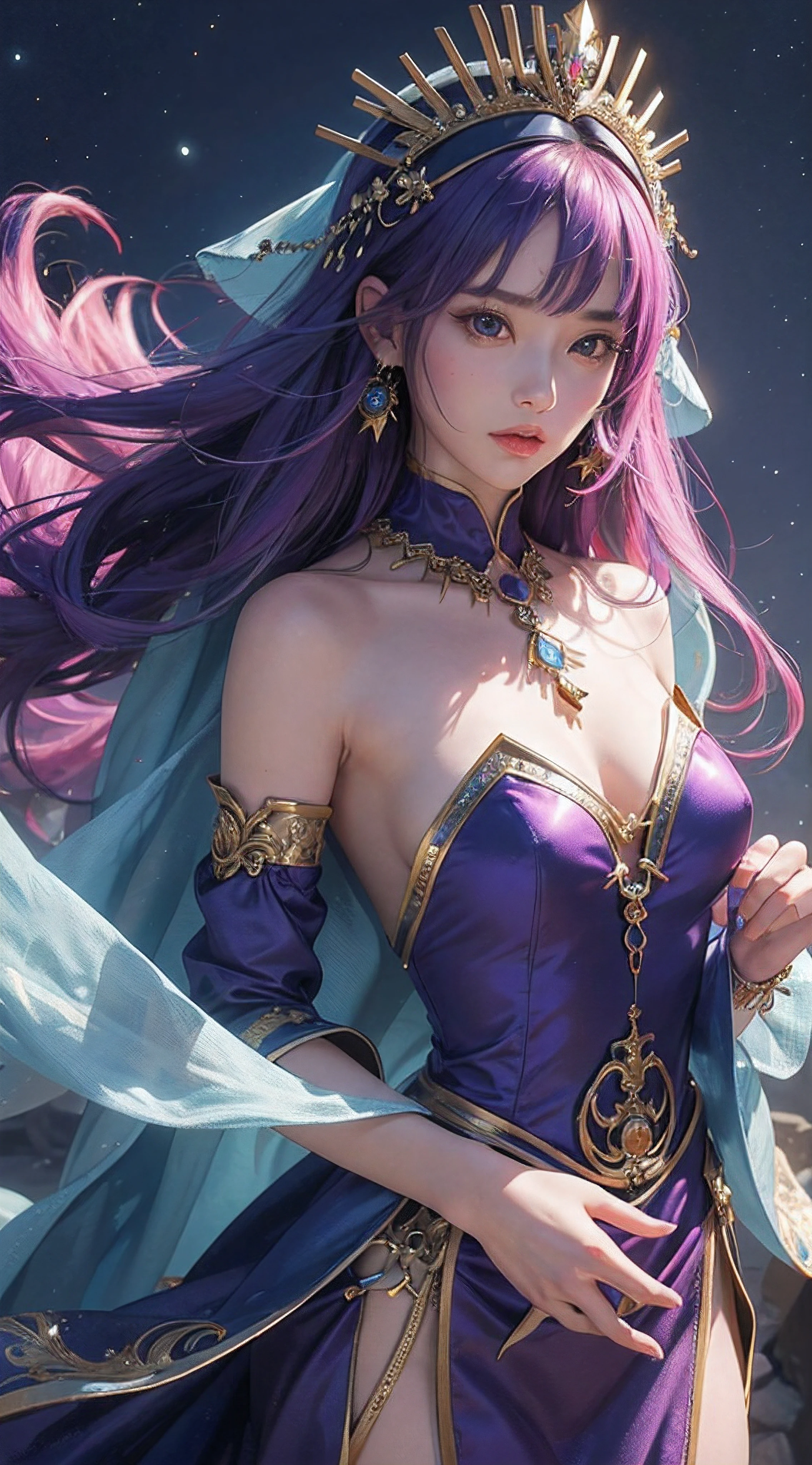 ​masterpiece、1 beautiful woman、A detailed face、A detailed eye、Detailed skin、Detailed hand、top-quality、Illuminated from the front with bright lighting、profetional lighting、The background is a little blurry、Women are fortune tellers、The background is a spiritual space、fantasy worlds、The costume is a fortune teller's costume based on purple、Holding a large pink crystal stone in both hands、Images that seem to be between reality and anime、Wacky hair color（multicolour）、Woman wearing a face veil、I'm a little overwhelmed.、Facing straight ahead、