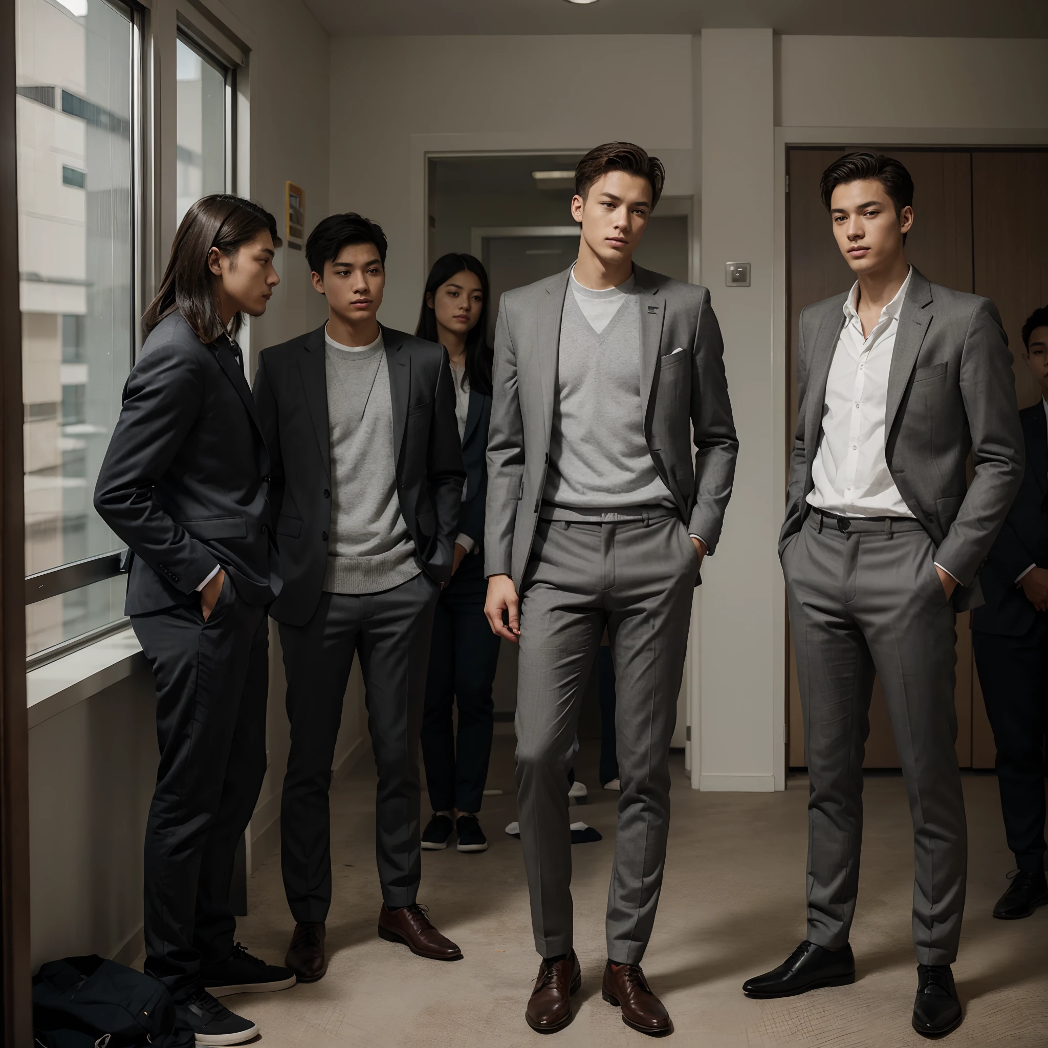Gray suit、Strange thieves、High school students、167 cm、Type B、gentleman、Slim Fit Pants、cinematic shot、finely detailed background、1 male