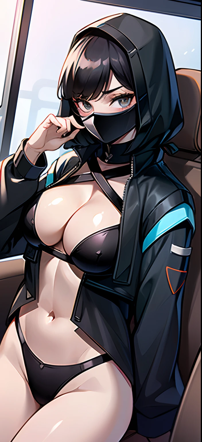 Arad woman wearing black jacket and cell phone in car, Female Urzan, Shin Jinying, jinyoung shin aesthetic, 1 7 - little bomming face, Kim Do-young, Wearing an all-black door wave mask, ulzzangs, jungkook, The girl has short black hair, pornographic lingerie, kanliu666,Open abdomen,Open abdomen,Chest leakage,big cleavage breasts,