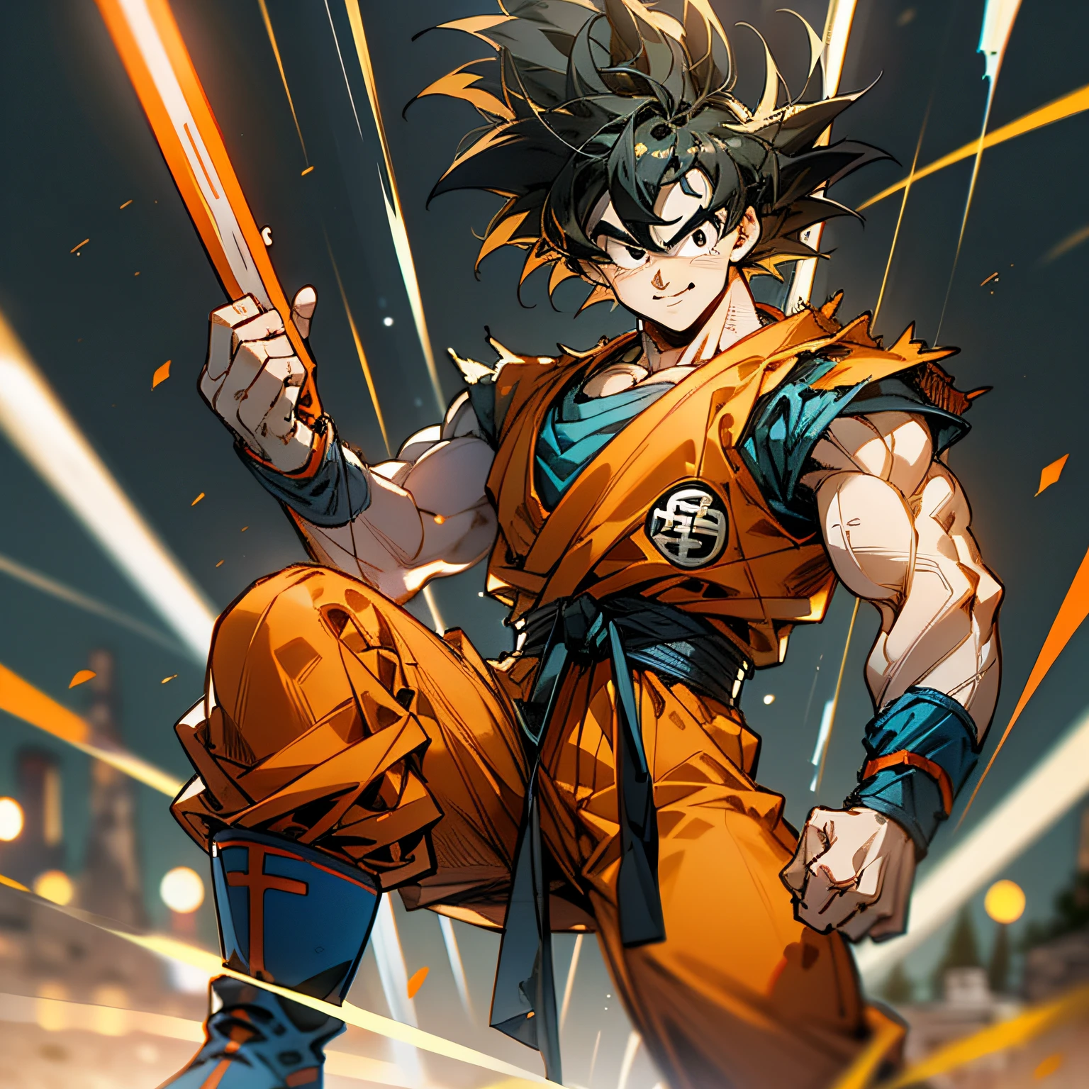 masterpiece, best quality, 1boy, (goku), short hair, black hair, black eyes, blue boots, orange clothes, training, standing, smiling, angry face, aura power, night, natural light,standing, angry eyes, smiling, black hair, male focus, strong muscles, movie composition, deth of field, bokeh, (futuristic), (full body),