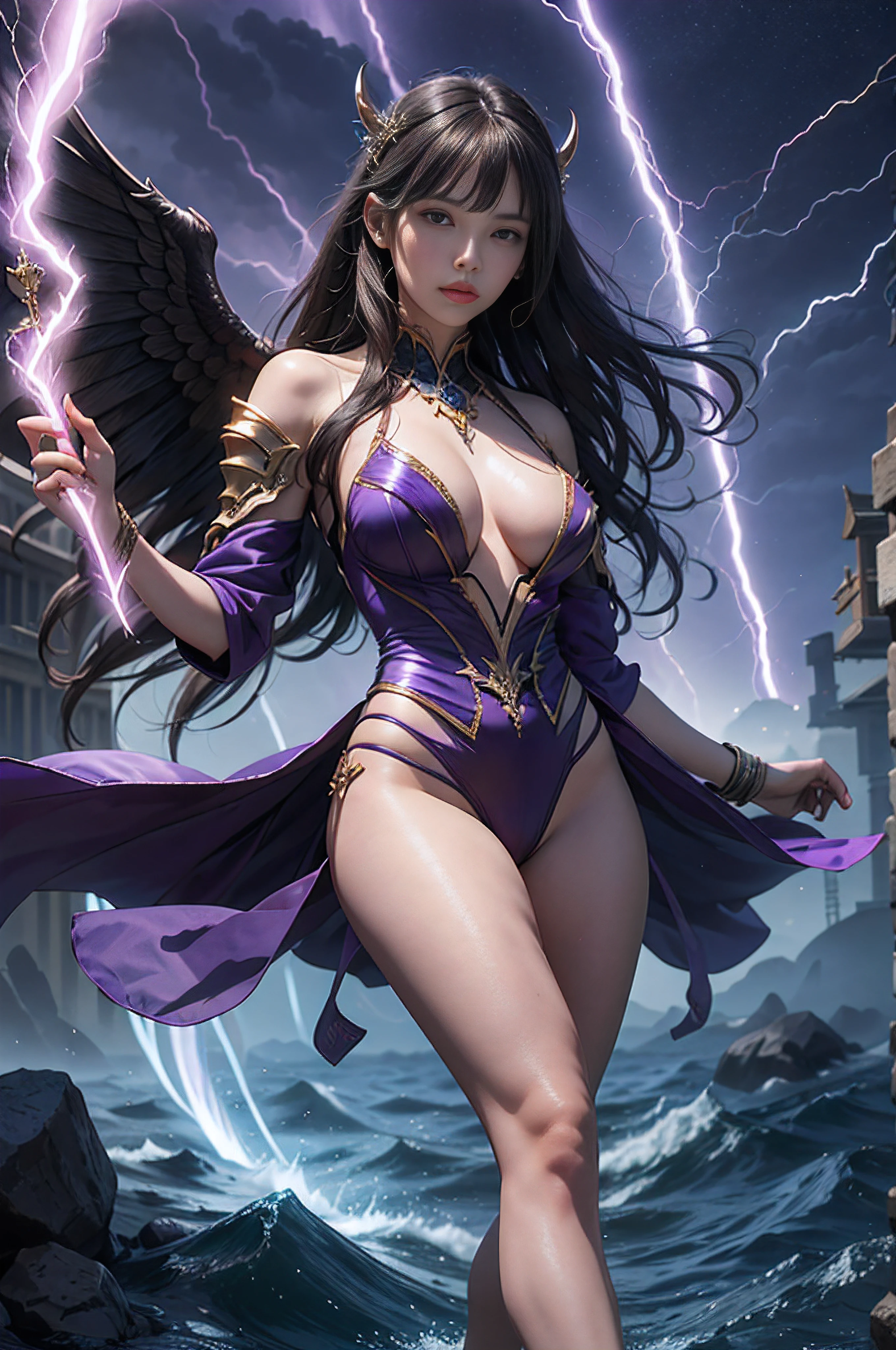 Beautiful Devil Girl，（best qualtiy，8K，tmasterpiece:1.3），Goose egg face，largeeyes，long eyelasher，With bangs，Cool Handsome，domineering，Exquisite（Live-action realistic style），Star-like eyes，The Ultimate Face，Photorealistic light and shadow，Clear facial features，milky skin，Fair skin， highdetailskin， Realistic skin details， Visible Pore，（Super Detail），petite body，Carmelto， full body Esbian，She wears long, Loose black hair that reaches to the waist，（Flowing hair）， SMOOTHNESS，gigantic wing，crystal wings，（Super Detail），Dressed in simple armor，（（dynamicposes）Suspended in the air），（（The Purple Temple，Binary orbital flight，spaces，the sea of star）），((dynamic background((purple lightning)) ，Dramatic scenes