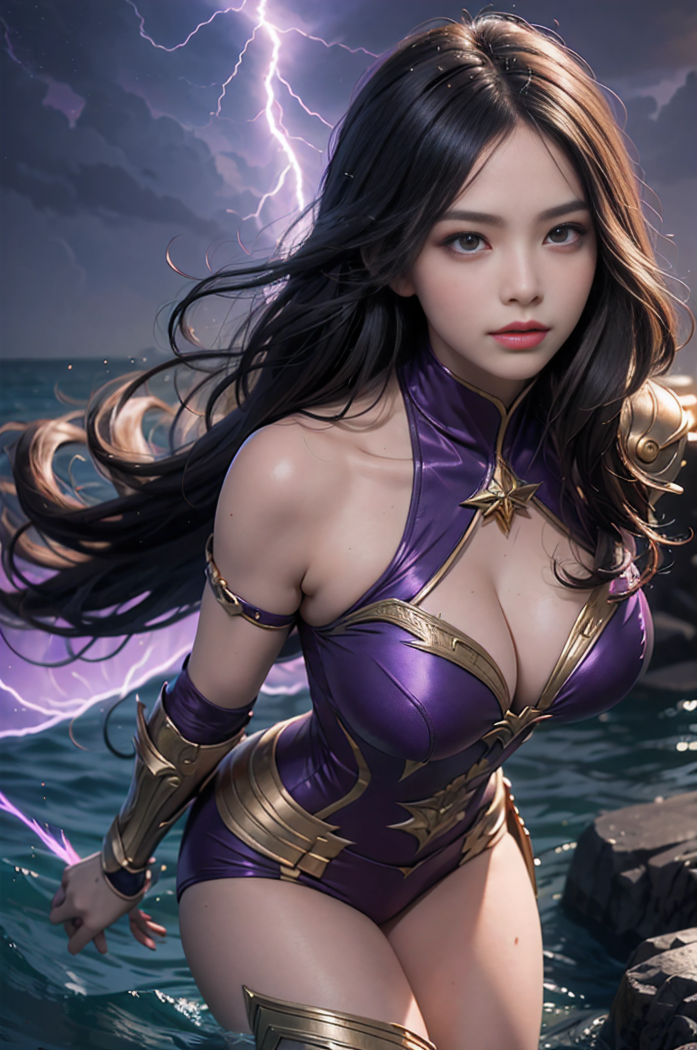 Beautiful Devil Girl,(best qualtiy,8K,tmasterpiece:1.3),Goose egg face,largeeyes,long eyelasher,With bangs,Cool Handsome,domineering,Exquisite(Live-action realistic style),Star-like eyes,The Ultimate Face,Photorealistic light and shadow,Clear facial features,milky skin,Fair skin, highdetailskin, Realistic skin details, Visible Pore,(Super Detail),petite body,Carmelto, full body Esbian,She wears long, Loose black hair that reaches to the waist,(Flowing hair), SMOOTHNESS,gigantic wing,crystal wings,(Super Detail),Dressed in simple armor,((dynamicposes)Suspended in the air),((The Purple Temple,Binary orbital flight,spaces,the sea of star)),((dynamic background((purple lightning)) ,Dramatic scenes