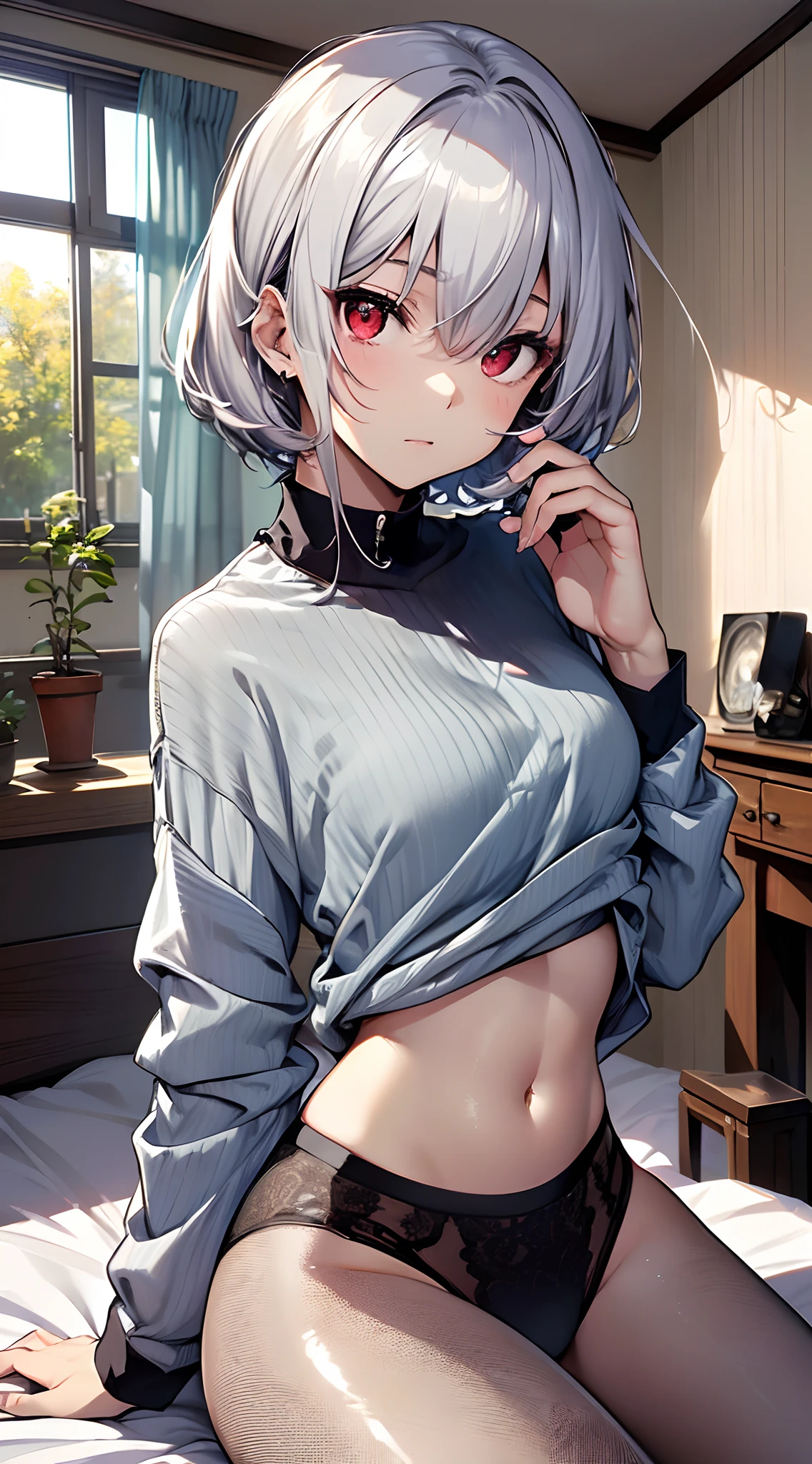 top-quality、Top image quality、in 8K,4K,​masterpiece、(NSFW:1.2)、ultra-detailliert、Beautiful、ultra-quality、adult-like、Cool、girl with(((18year old、top and bottom set underwear、Shirt with open front、Firm and shiny skin:1.1、Bust 78、silber hair、a short bob、Red Eyes、、erotick:1.4、waking up))、Staring from the front、hiquality、visualart、Background with((a bed:1.3))、masutepiece