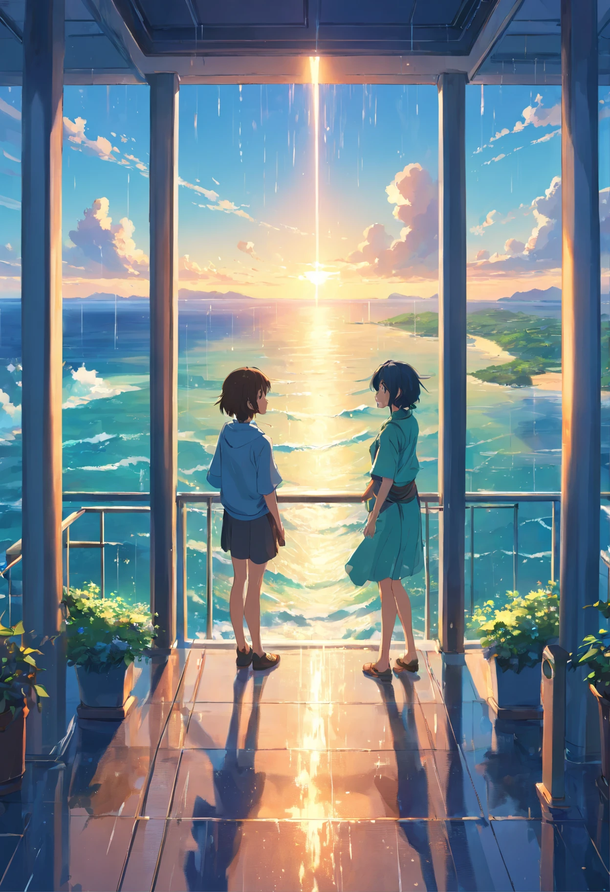Scenery from top of a tower , sea view, raining, sun at horizon