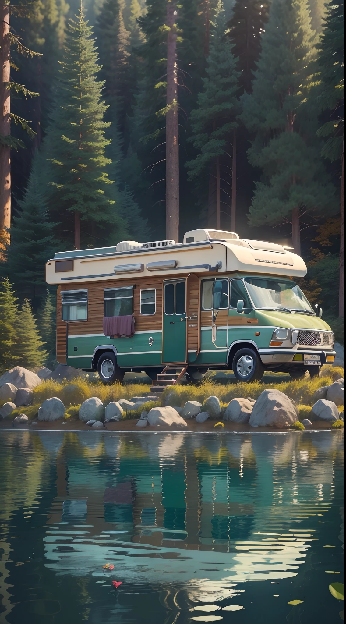 Painting of a van parked on a shore next to a body of water - SeaArt AI