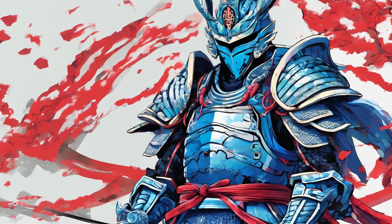 Samurai waiting to draw their swords, The face is a horse-like mask, Kamen Rider style, The armor on the chest and shoulders resembles the design of scales, The color of the armor is star blue,