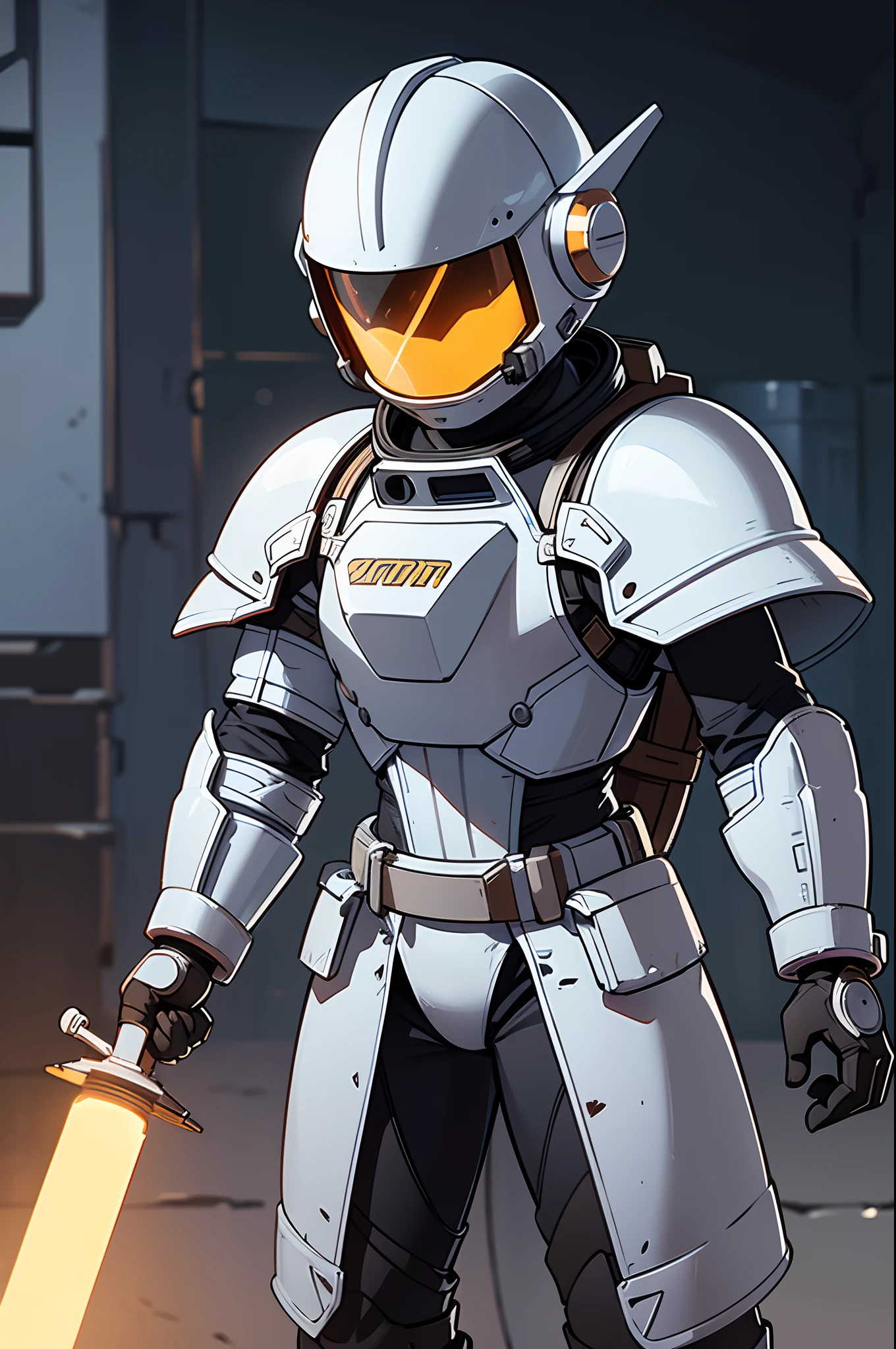 professional artwork, detailed eyes, beautiful eyes, beautiful face, flawless face, smooth features, short hair, beautifully detailed background, adventurous astronaut knight in bulky armored space suit, space suit looks like knight armor, space suit, thick heavy space suit, environment suit, hoses and tubes on suit, dials and switches, space suit backpack, nasa, nasa punk, nasapunk, astronaut, astronaut suit, cosmonaut, medieval knight, knight armor, leather armor and metal armor, mechanical background, sci fi, science fiction, futuristic, fantasy armor, full plate armor, medieval armor, knight helmet, knight visor, grilled faceplate, large helmet, big helmet, heavy collar, vacuum seal ring around neck, life support systems, rustic material, heavy stitching, thick leathers, armored breastplate, armored chest, leather gloves, rustic craftsmanship, adventurous, adventure, cute, smiling, shoulder pads, armor, white and orange outfit, heraldry, helmet on head, cassette futurism, gloved hands, bulky space suit, bulky suit, tubes and hoses, valves, mechanical, sword and shield, neon light, neon glow, neon, cuirass, pauldrons, chest armor, heavy metal chest armor, beam sword, plasma sword, light saber, knight, dome helmet, neck armor, sealed neck join, helmet is attached to collar around neck, sallet helmet