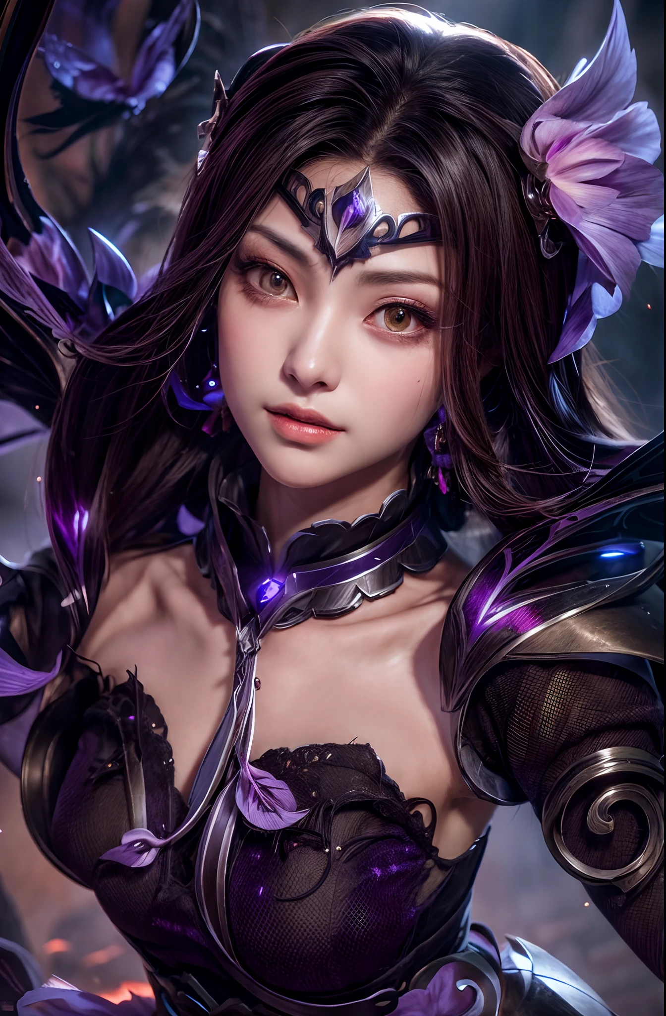 強力なスーパーevil女がクローズアップでポーズをとる, Black Goddess (Exposing shoulders), length, Flowing purple hair, View your audience, Highly detailed face, Perfect hands, Blue smoke swirling around her, evil事を愛する, Captivating blue eyes, Dark fantasy, Genuine, Symmetric, Attention to detail, Esoteric arachnids lady, Spider Queen Elise, League of Legends, Esoteric arachnids, Combat Stance, ( The body is made with liquid metallic paints in metallic mauve and metallic black..、It beautifully depicts the female form..。), length, Sharp Fangs, nature, ((Complex metallic colors in the foreground)), (( Fluid Mechanics, The most beautiful smooth scale face makeup, Smirking expression)) - Dark blood, Onyxia、Noir painting of a beautiful young witch, length purple hair, dark purple lips, evil, evil女, smile, Black Prom Dress, She is coming to you, close, Bright Blue Eyes, Surrounded by swirling pink smoke, Genuine, Attention to detail, Highest quality