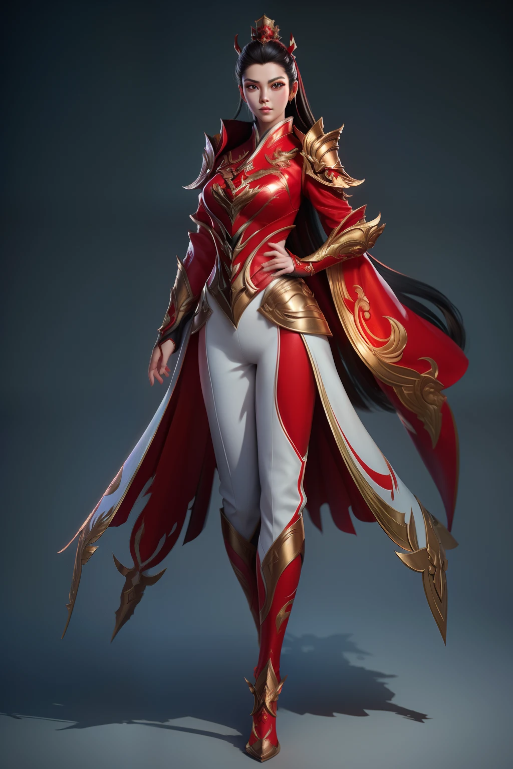 solo, super fine photo, full body digital art Unreal Engine 5 8K UHD of a girl, concept art, character concept design, wearing red and white tight China suit with metallic armor details, long black glove, long Chinese hair, best quality, masterpiece, super detailed, sharp focus, female pose