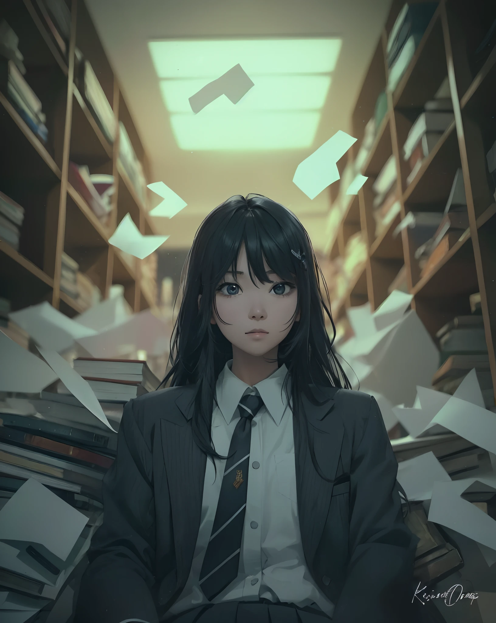 1 beautiful Korean girl, has black orange hair, beautiful eyes, sharp nose, small lips, looking at the viewer, beautiful, white skin, wearing a school uniform, blue and white striped tie, wearing a gray suit, library and book background, sitting, anime, nose facing forward