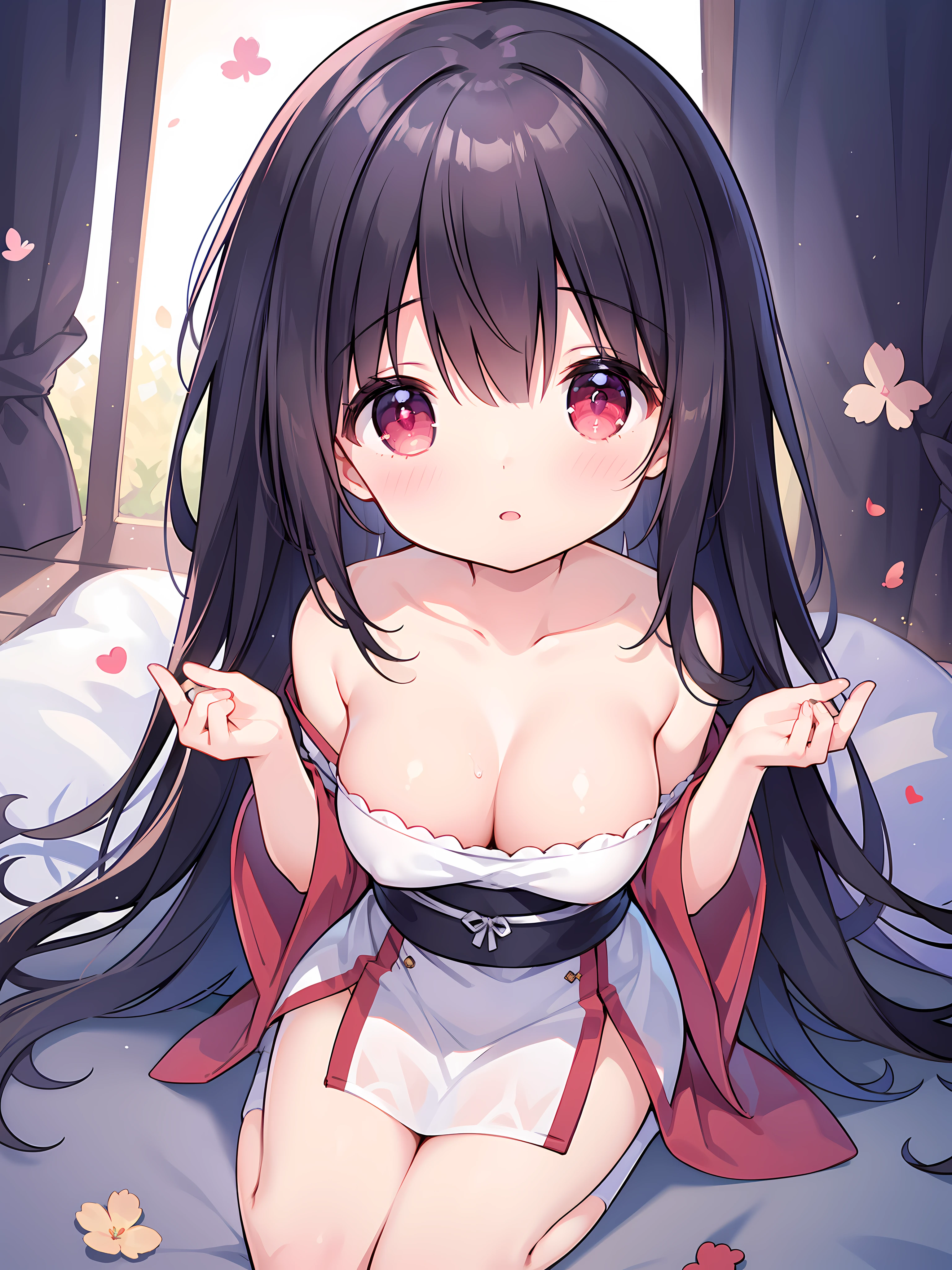 ulzzang-6500-v1.1, (raw photo: 1.2), (photorealistic: 1.4)) best quality, beautiful, beautiful, beautiful, extremely detailed, CG, unity,8k amazing wallpaper, beautiful detail, masterpiece, best quality, official art, very detailed CG unity 8k wallpaper, ridiculous, unbelievably ridiculous, huge file size, super detailed, high resolution, very detailed, beautiful detailed girl, very detailed eyes and face, beautiful detailed eyes, movie lighting, 1 girl, perspective, red ruby eyes, detailed eyes, detailed pupils, beautiful eyes, black hair, detailed hair, shiny black hair, hari contour, looking at the audience, full body, full body photo, outdoors, hands behind your back, (Hanfu), (open arms for viewer, want to hug viewer, sweet and gentle:1.2), (sexy, shoulderless, collarbone, cleavage, fair light skin)