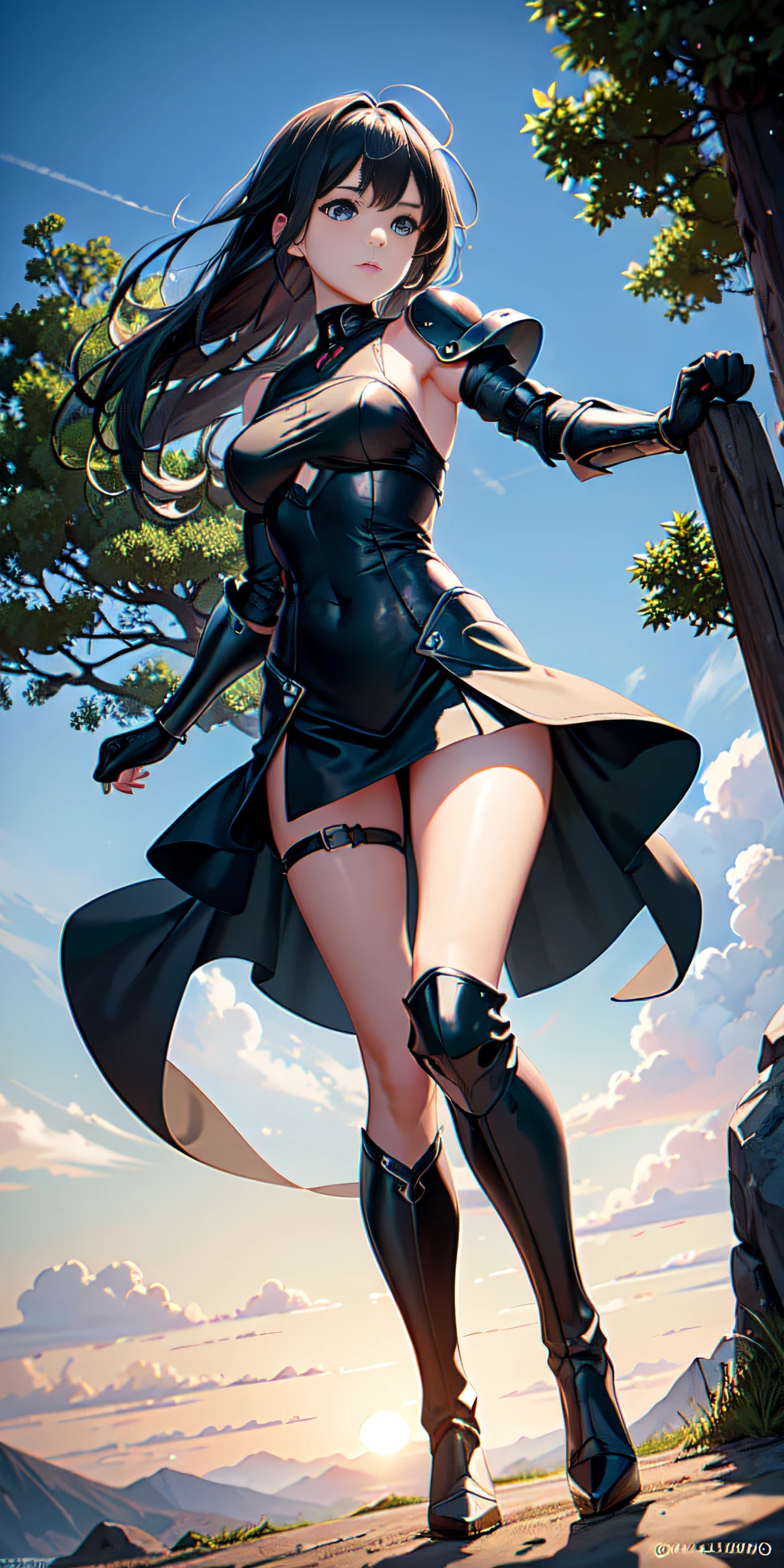 Full body view, (masterpiece, best quality), (dramatic), gritty, intense, anime character, dynamic fighting pose, 1girl only, black hair, (Hairstyle: tied), (50% Wearing futuristic armor), Armored gauntlets, with 30% miniskirt, Thigh high boots with high heel, fringe covers the left eye, a closed fist, Beautiful and symmetrical face, Beautiful bright blue eyes, vibrant colors, Night, highest quality digital art, Unparalleled masterpiece, dynamic lighting, epic, Cowboy shot, Forest trail in the background, (intricate details), Canon EOS R50 camera with Canon R50 RF-S 50mm IS STM lens
