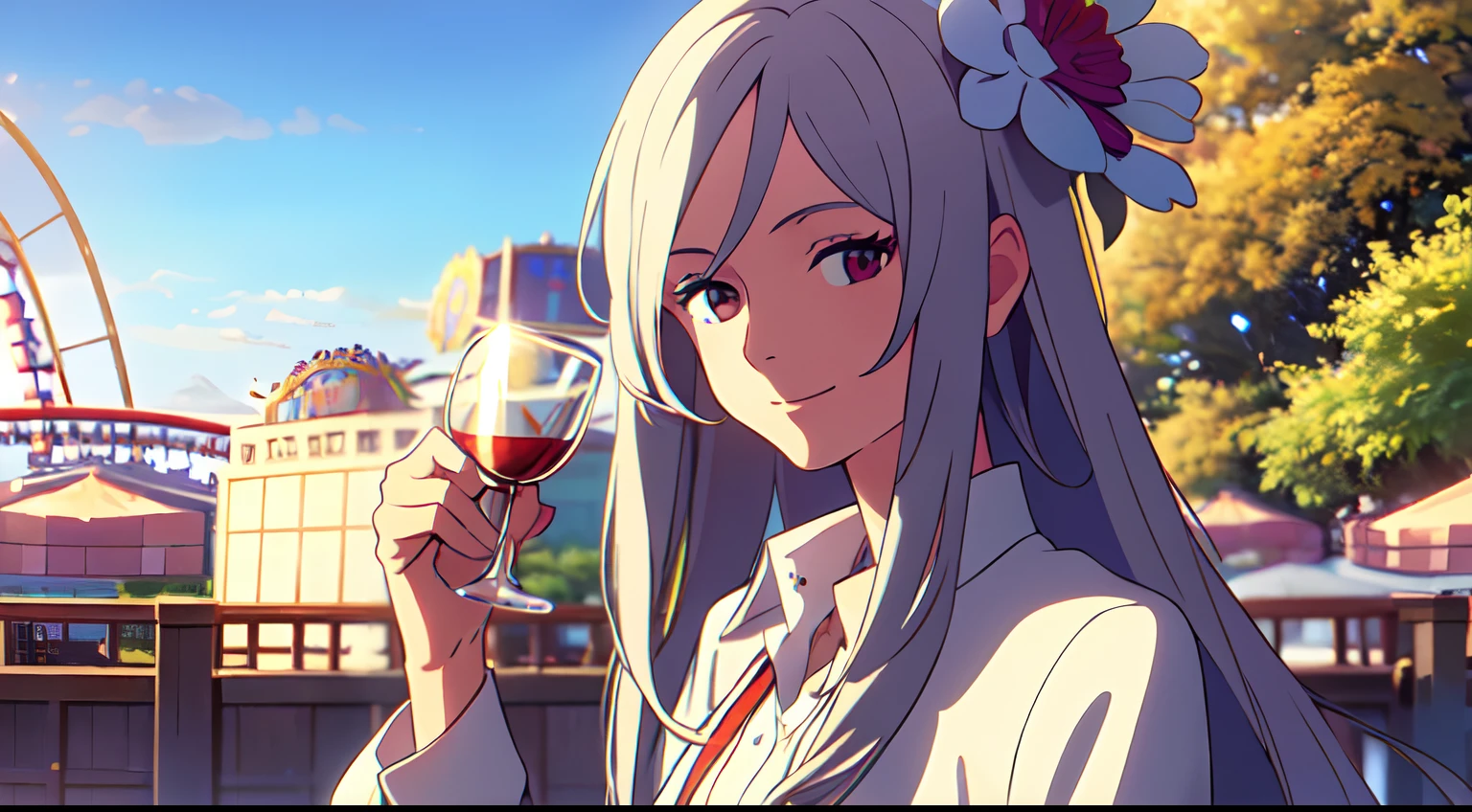 masterpiece, 1girl, mature lady, solo, really long hair, white hair,(flower hair ornament),(amusement park), blue sky, cup, jacket on shoulders, jacket, shirt, long sleeves, earrings, looking at viewer, looking back, closed mouth, blurry, disposable cup, collar, highres, light smile, closed mouth