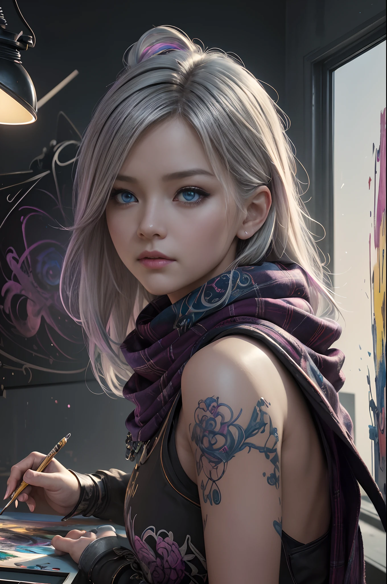 (dark shot:1.1)、Magnificent Real、Halo portrait、Lunette de soleil、blue eyess、Tartan Scarf、White hair by Ateigairan、by Greg Rutkowsky、greg tocchini、by james gilleard、joe fenton、Käthe Butcher、gradient yellow、brack、brown、Magenta color scheme、grunge aesthetic!!Graffiti tag wall background、Art by Greg Rutkowski and ArtGerm、Soft Cinematic Lights、Adobe Lightroom、Photolab、HDR、intricately and hyper-detailed、(depth of fields:1.4)、faded、(neutral colors:1.2)、(HDR:1.4)、(Muted colors:1.2)、Hyper-detailing、(art stations:1.4)、film like、warm light、dramatic light、(intricate-detail:1.1)、the complex background、(Rutkowski:0.66)、(teal and orange:0.4)