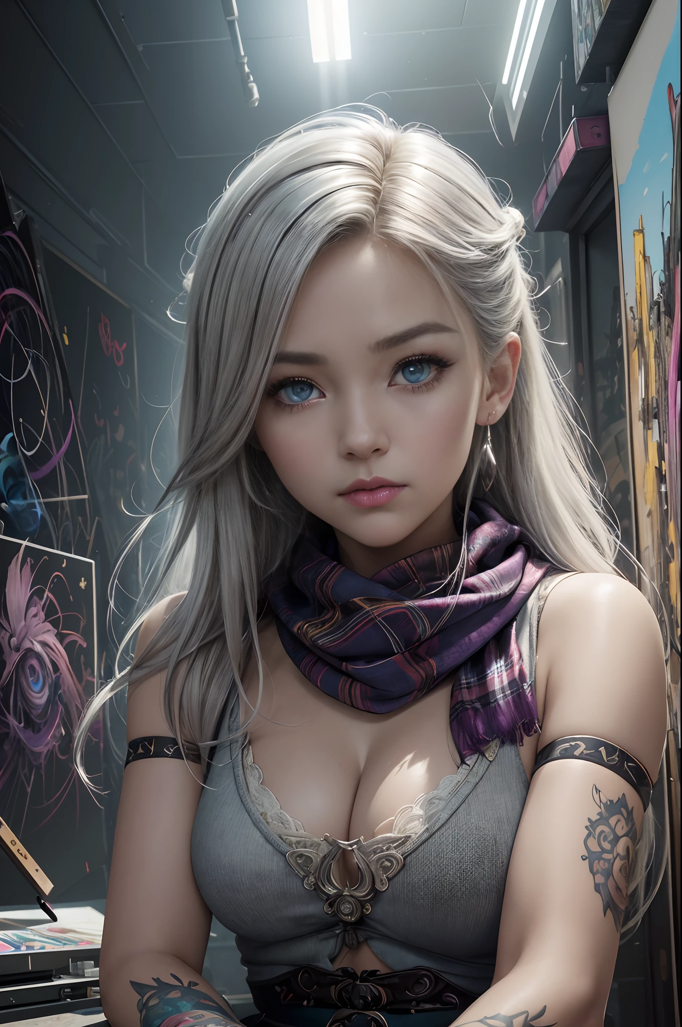 (dark shot:1.1)、Magnificent Real、Halo portrait、Lunette de soleil、blue eyess、Tartan Scarf、White hair by Ateigairan、by Greg Rutkowsky、greg tocchini、by james gilleard、joe fenton、Käthe Butcher、gradient yellow、brack、brown、Magenta color scheme、grunge aesthetic!!Graffiti tag wall background、Art by Greg Rutkowski and ArtGerm、Soft Cinematic Lights、Adobe Lightroom、Photolab、HDR、intricately and hyper-detailed、(depth of fields:1.4)、faded、(neutral colors:1.2)、(HDR:1.4)、(Muted colors:1.2)、Hyper-detailing、(art stations:1.4)、film like、warm light、dramatic light、(intricate-detail:1.1)、the complex background、(Rutkowski:0.66)、(teal and orange:0.4)