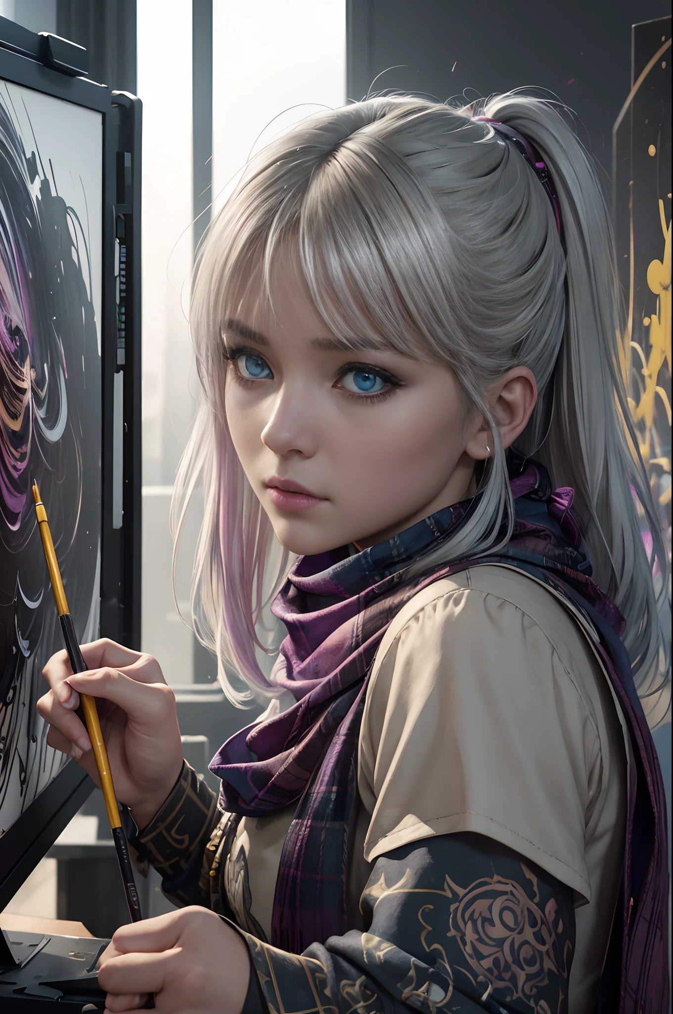 (dark shot:1.1)、Magnificent Real、Halo portrait、Lunette de soleil、blue eyess、Tartan Scarf、White hair by Ateigairan、by Greg Rutkowsky、greg tocchini、by james gilleard、joe fenton、Käthe Butcher、gradient yellow、brack、brown、Magenta color scheme、grunge aesthetic!!Graffiti tag wall background、Art by Greg Rutkowski and ArtGerm、Soft Cinematic Lights、Adobe Lightroom、Photolab、HDR、intricately and hyper-detailed、(depth of fields:1.4)、faded、(neutral colors:1.2)、(HDR:1.4)、(Muted colors:1.2)、Hyper-detailing、(art  stations:1.4)、film like、warm light、dramatic light、(intricate-detail:1.1)、the complex background、(Rutkowski:0.66)、(teal and orange:0.4)