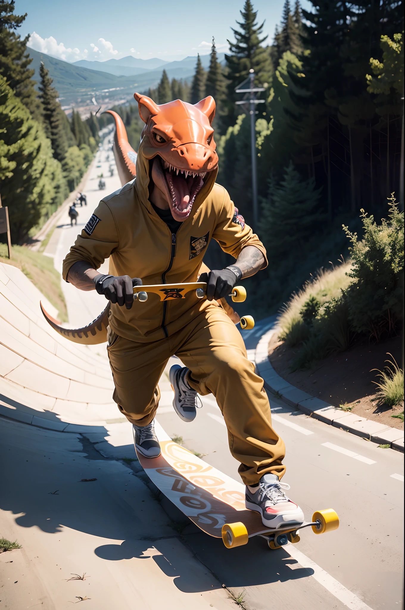a man dressed as a dinosaur, riding a skateboard down a hill. The skateboard is positioned underneath him, and he is skillfully navigating the slope. The scene is lively and fun