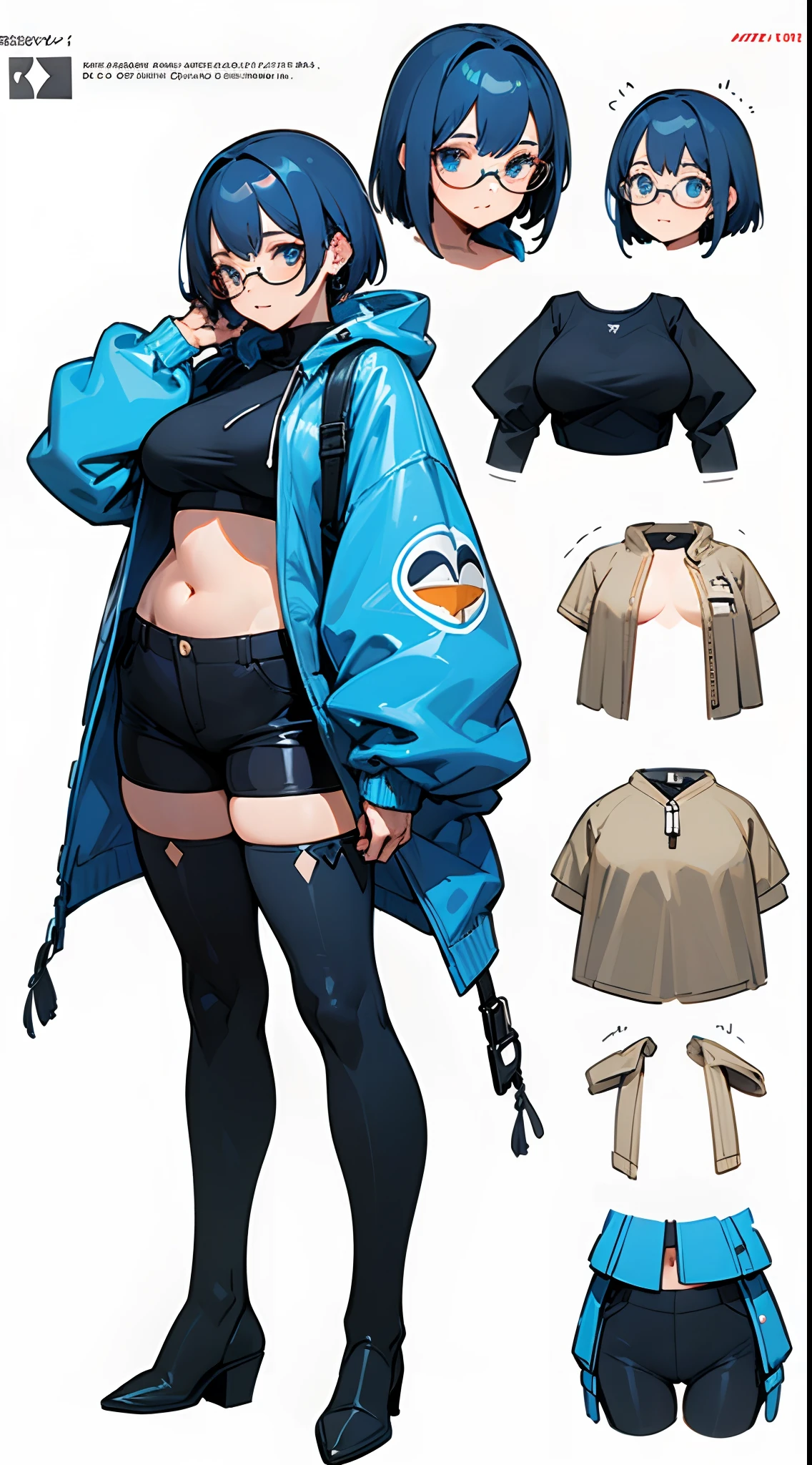 ((1girl)),(((full body))),(solo),(expressions face,multi angle,reference sheet),(standing),(((white background,simple background))),Dark blue hair,blonde streaked hair,short hair, (((medium breasts))), Navel exposed, plump thighs, tareme, glasses, light smile, fang, Black leather short pants,dark thigh high socks,  musical note earrings,ware over a long front-opening hoodie,ware over a penguin hoodie, take off the hood, blue cropped shirt, ((((masterpiece)))), high quality, very_high_resolution, ulutra detailed, large_filesize, full color, anatomically correct
