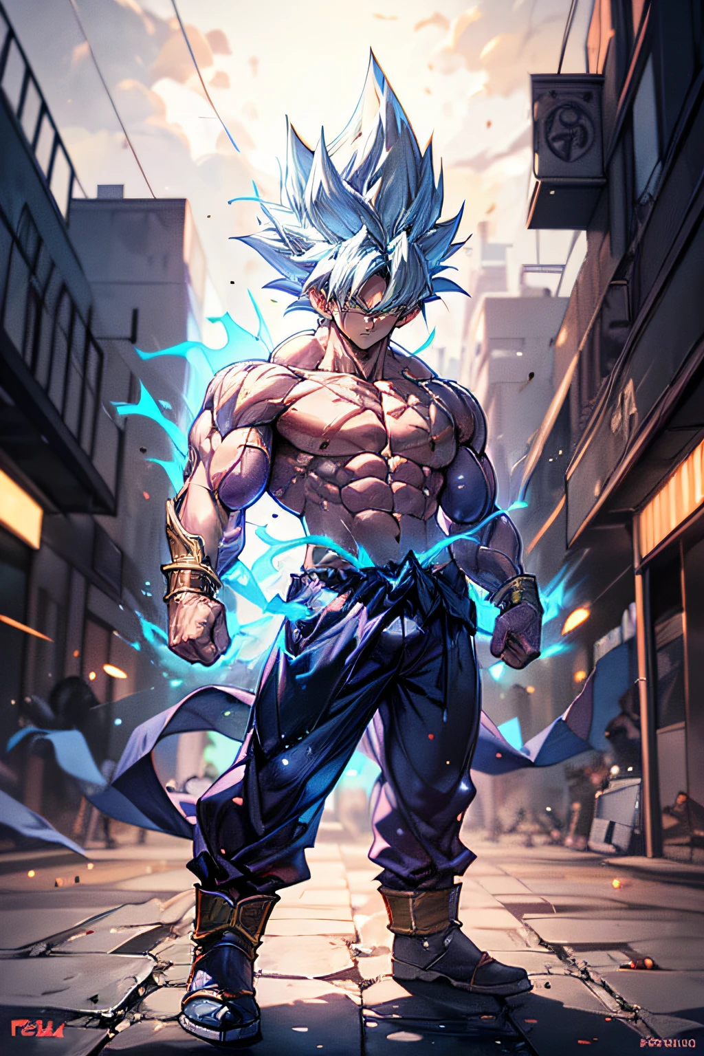 1 boy,((full body:1.2)),(stand),SAIYA,(looking at viewer),(white eye:1.2),super saiyan,(glowing hair:1.2),(urban setting:1.3),(male focus:1.1),(male muscles:1.1),(big muscle:1.1),(pectoral:1.1),(abdominal muscle:1.1),(upper body nudity:1.1), detailed face, detailed muscle.