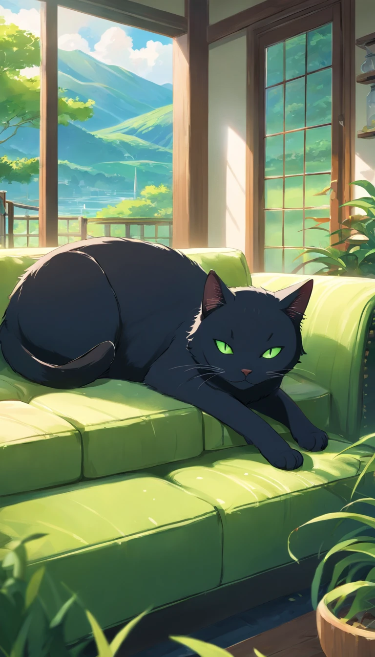 Idyllic masterpiece of a sleek black cat with vivid green eyes lounging on a sofa overlooking a lush mountainous landscape. Its inky fur blends into the leather furniture, fluffy tail curled around its relaxed body. Eyes half-closed in contentment as a warm breeze ruffles whiskers overlooking the rolling green hills and forests below. Detailed textures in the cat's coat and the woven sofa cushions anchor the cat in the peaceful nature scene rendered in flawless 4K realism