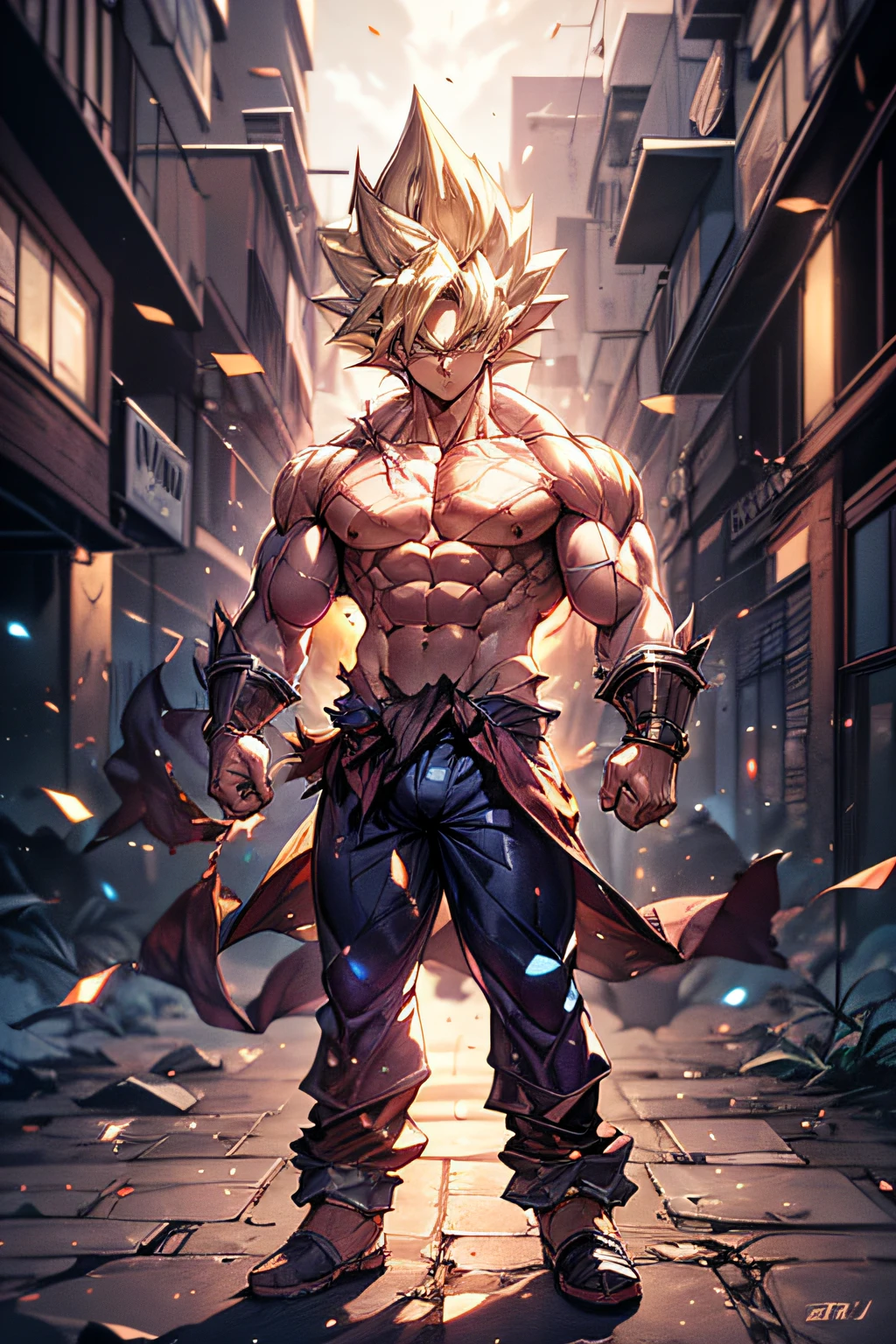 1 boy,((full body:1.2)),(stand),SAIYA,(looking at viewer),(white eye:1.2),super saiyan,(glowing hair:1.2),(urban setting:1.3),(male focus:1.1),(male muscles:1.1),(big muscle:1.1),(pectoral:1.1),(abdominal muscle:1.1),(upper body nudity:1.1), detailed face, detailed muscle.