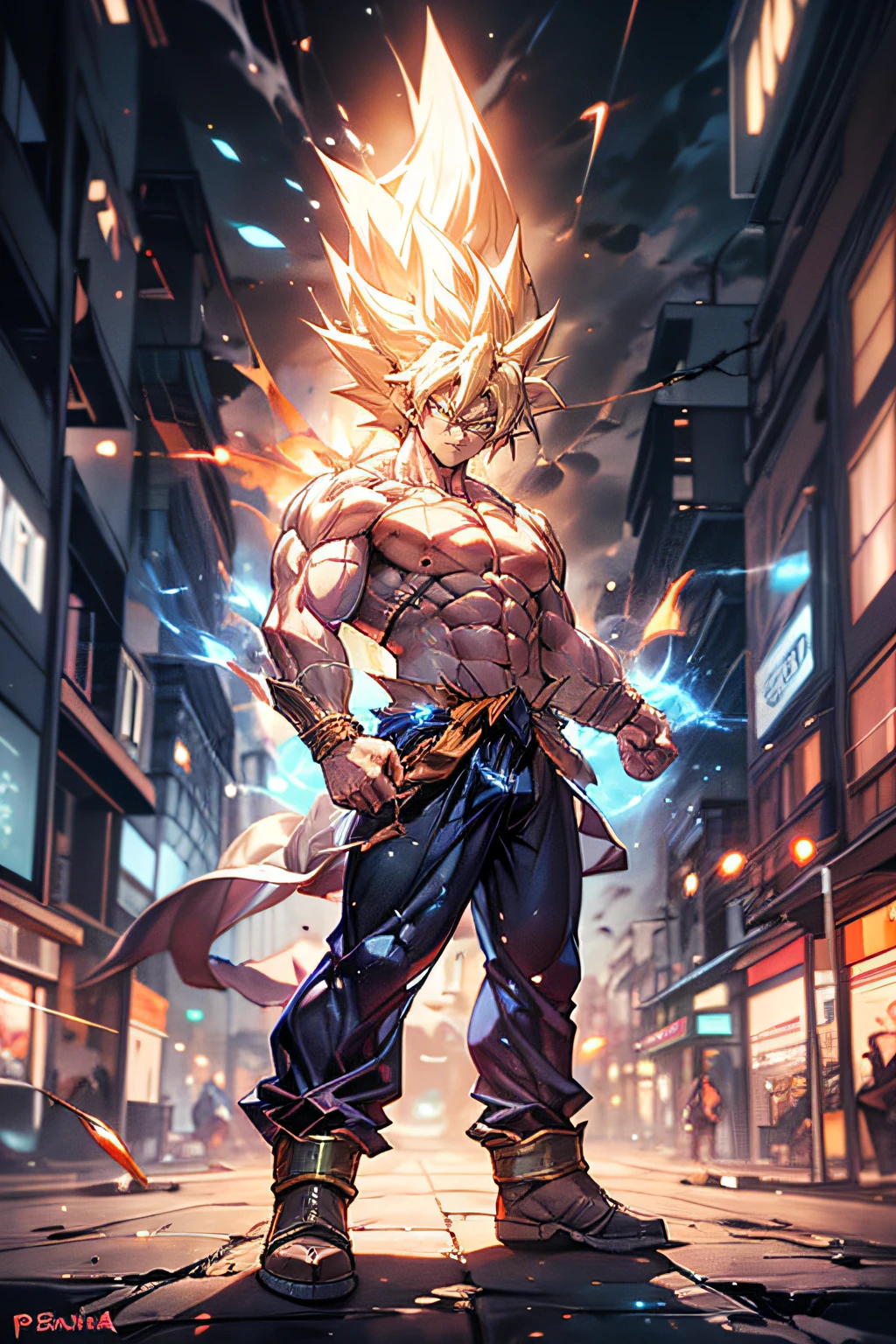 1 boy,((full body:1.2)),(stand),SAIYA,(looking at viewer),(white eye:1.2),super saiyan,(glowing hair:1.2),(urban setting:1.3),(male focus:1.1),(male muscles:1.1),(big muscle:1.1),(pectoral:1.1),(abdominal muscle:1.1),(upper body nudity:1.1), detailed face, detailed muscle.