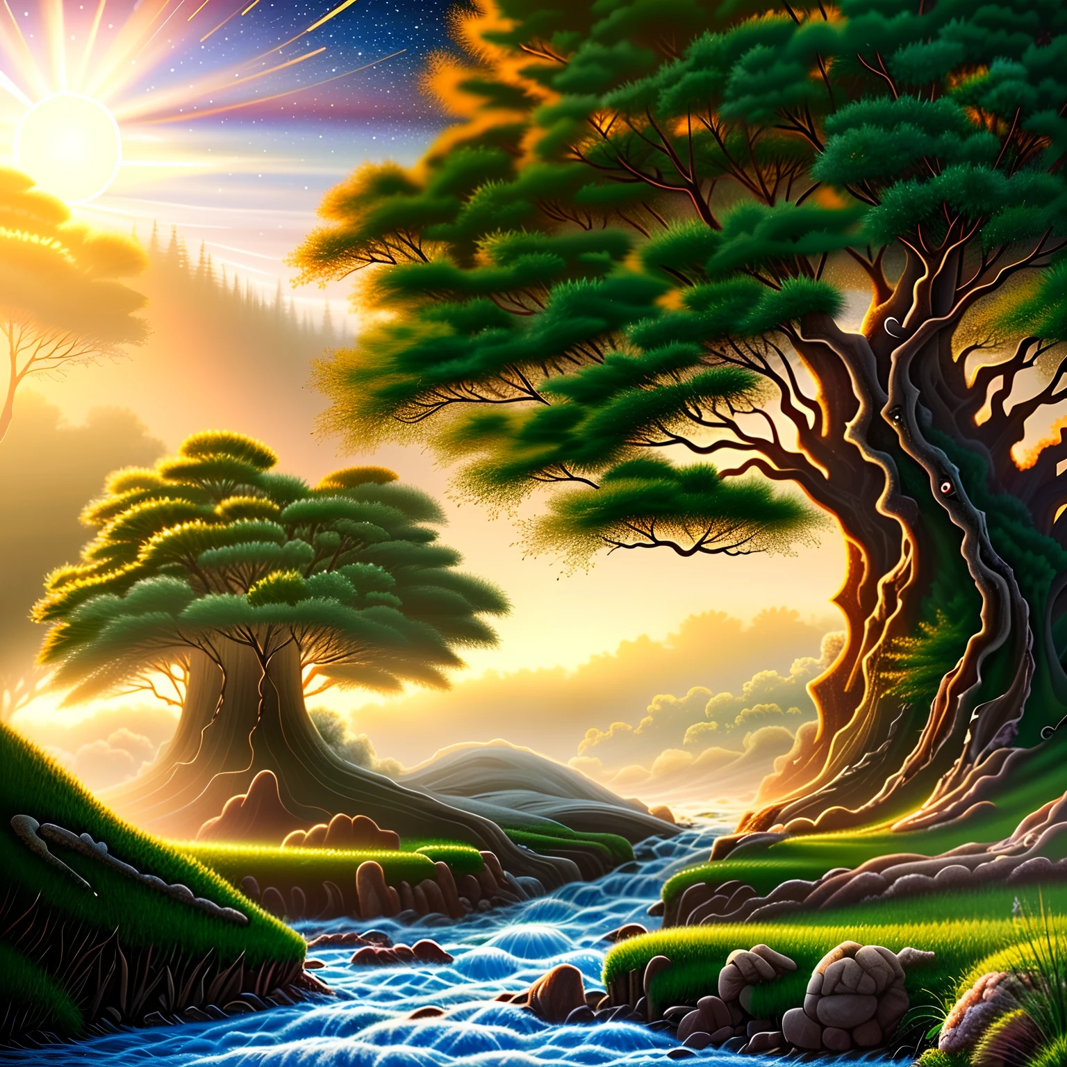 Illustration of a hyperrealistic , otherworldly, ultrasky scene featuring a giant crystal tree full body,very detailed and magical lighting, intricate forest details, vegetation and river around, solarpunk ,landscape, giant tree, beatifull leafy with beautiful lighting and realistic proportions, as if it were a cinematic background, 8k, highest quality, masterpiece, clouds and stars in the sky
