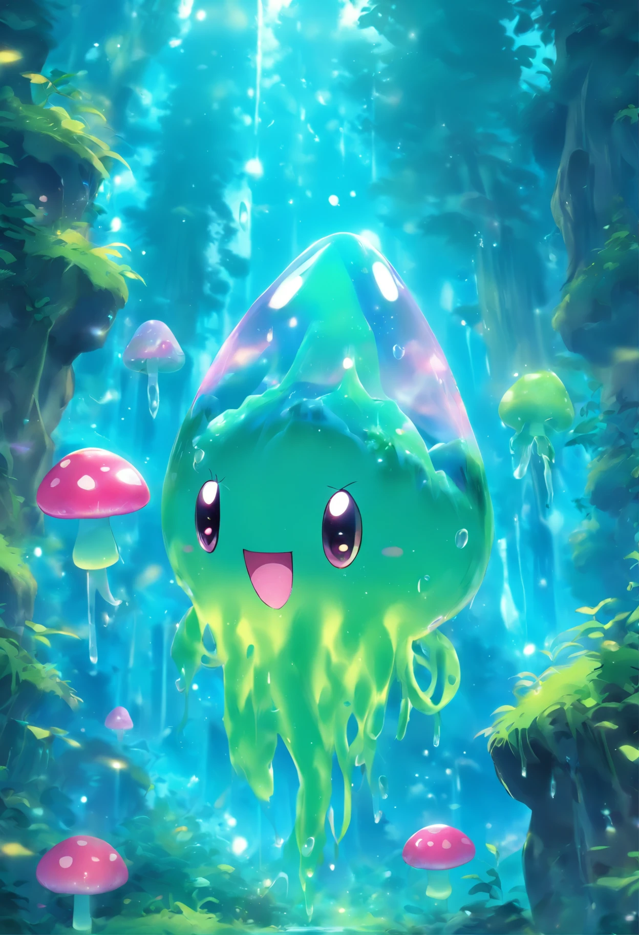 Enchanted Forest.Whimsical illustration of an adorable slime, Inspired by mushrooms, Blue_slime, Masterpiece, fish, rock crystal, VM, b&m, Vines, colored skin, Realistic, hight resolution, 3D Rendering, Clear, fish, floating in, Skin_toon_slime_Blue, gills, Fins, Spider Fingers, Deep Sea,