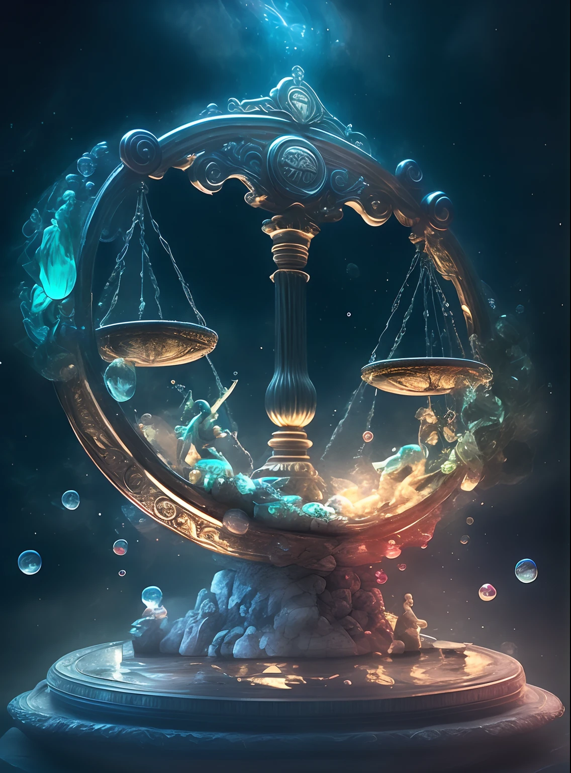 Digital painting of statues with proportions and bubbles, zodiac libra sign, libra symbol, High quality digital concept art, 8k hd wallpaperjpeg artifact, 8k hd wallpaperjpeg artifact, 8K high quality detailed art, Detailed digital 2D fantasy art, High quality fantasy art，Detailed screen，Retro，mito，Libra，Scales，Weighing pan