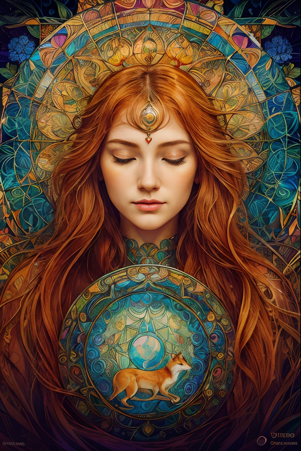 ultra detailed illustration in a psychedelic style of a woman while meditating, a beautiful ginger woman with straight hair, peaceful face with closed eyes, psychedelic art deco merged with art nouveau, art by MSchiffer A vitral window, art noveau style, prismatic art style, with colorful nature motives and a big fox in the middle, rounded upside, photorealistic