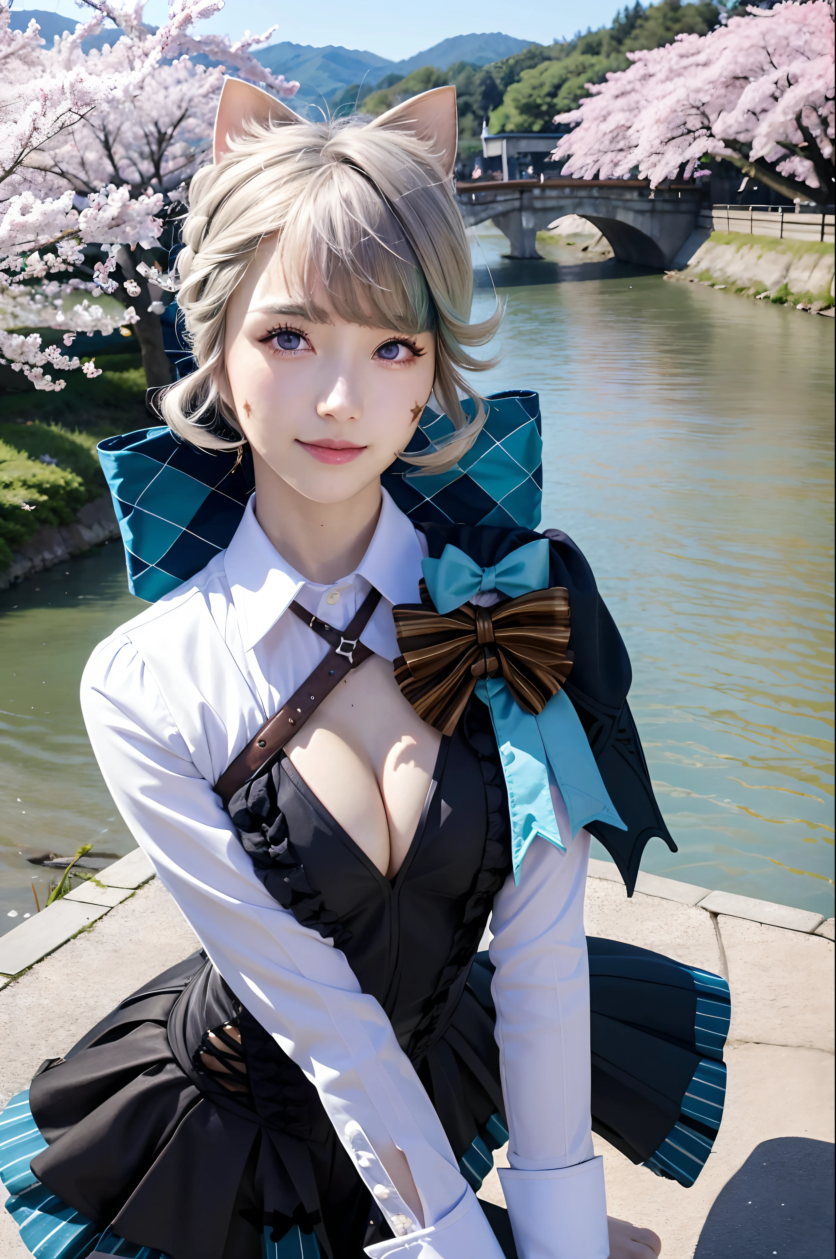 (masutepiece, Best Quality, Glowing light, Glistening, Shiny skin, ultra-detailliert, Detailed background, Complex background),(Perfect face, Detailed face, Detailed eyes,Perfect hands,Perfect fingers), (medium boobs:1.2,Smile),(maturefemale:1.4),Cowboy Shot,Chic,
Lynette,((Gradient Hair)), Gradient Eyes, (Glowing eyes:1.3), mascara, (fashion make up), Parted lips, Animal ears, Cat ears, animal ear fluff, Bow, tail, Cat tail, pantyhose, Long sleeves, Black Gloves, braid, Skirt, Black pantyhose,
((In the middle of the Japan countryside,Japan Bridge,Across the bridge,River,cherry trees,Cherry blossom petals,Dark blue sky)),((hyper detailed background)), Dynamic Poses, ((8K Wallpaper)) ,
