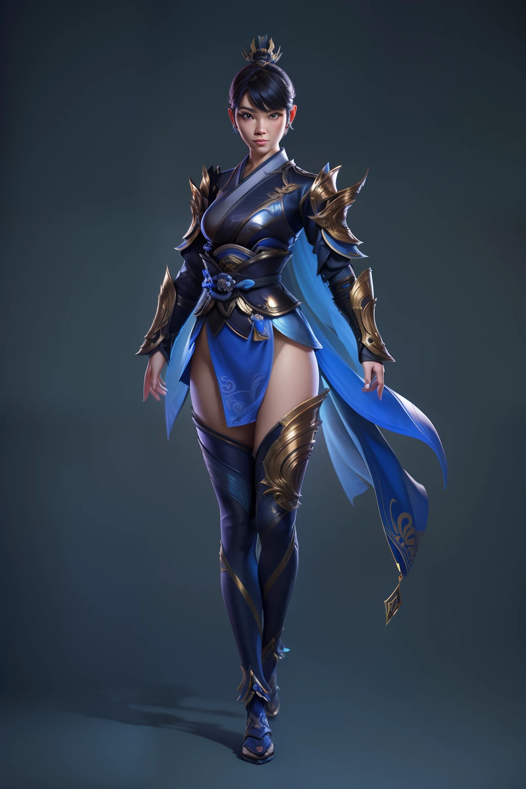 solo, super fine photo, full body digital art Unreal Engine 5 8K UHD of a girl, concept art, character concept design, wearing blue kimono with Japanese details with black tight bodysuit with metallic armor details, arms armor, Japanese short hair, best quality, masterpiece, super detailed, sharp focus, female pose