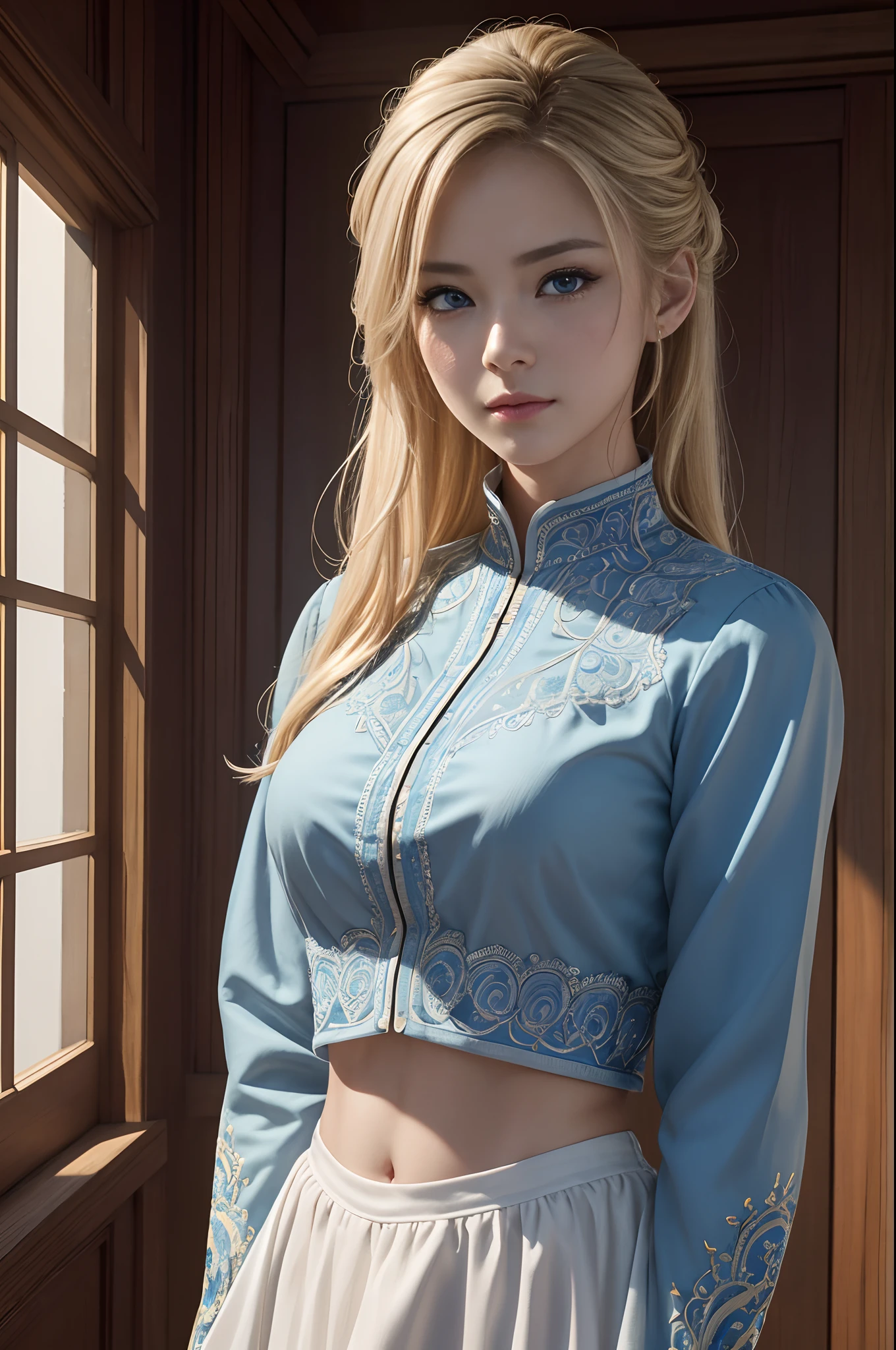 8k、top-quality、Actual image、intricate-detail、ultra-detailliert、超A high resolution、Depth Field、(Photorealsitic、realisitic:1.2)、masterpiece、Photos of Sonyablade、european woman、Wearing a jacket、croptop、blue eyess、blonde hair、blue eyess、独奏、suns、blue open sky、 top-quality、realisitic、Photorealsitic、(intricate detailes:1.2)、(delicate detail)、(Cinematic light)、Clear Line、foco nítido、lifelike face、Detailed face Unity 8K wallpaper、超A high resolution、(Photorealsitic:1.4)、looking at viewert
