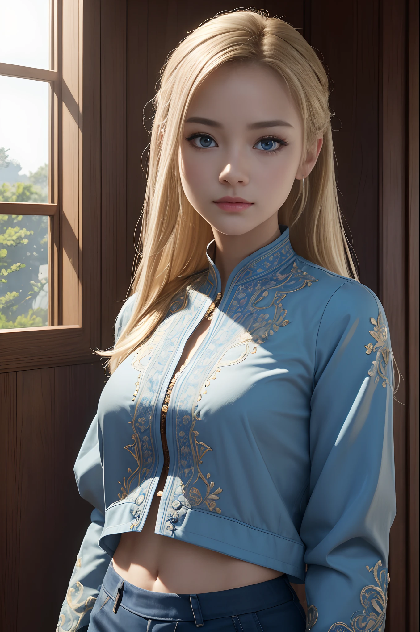 8k、top-quality、Actual image、intricate-detail、ultra-detailliert、超A high resolution、Depth Field、(Photorealsitic、realisitic:1.2)、​masterpiece、Photo of an aristocratic girl、european woman、Wearing a jacket、croptop、blue eyess、blonde  hair、blue eyess、独奏、suns、blue open sky、 top-quality、realisitic、Photorealsitic、(intricate detailes:1.2)、(delicate detail)、(Cinematic light)、Clear Line、foco nítido、lifelike face、Detailed face Unity 8K wallpaper、超A high resolution、(Photorealsitic:1.4)、looking at viewert