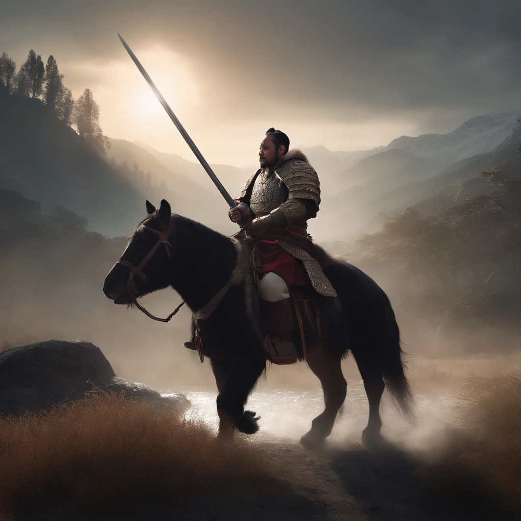 arafed panda riding a horse with a sword , horse warrior, grizzly bear riding a horse, heavy cavalry, inspired by Philips Wouwerman, inspired by Aelbert Cuyp, inspired by Hu Zaobin, steam workshop maps, mongol, cavalry, moon bear samurai, cgsociety and fenghua zhong, wojtek fus