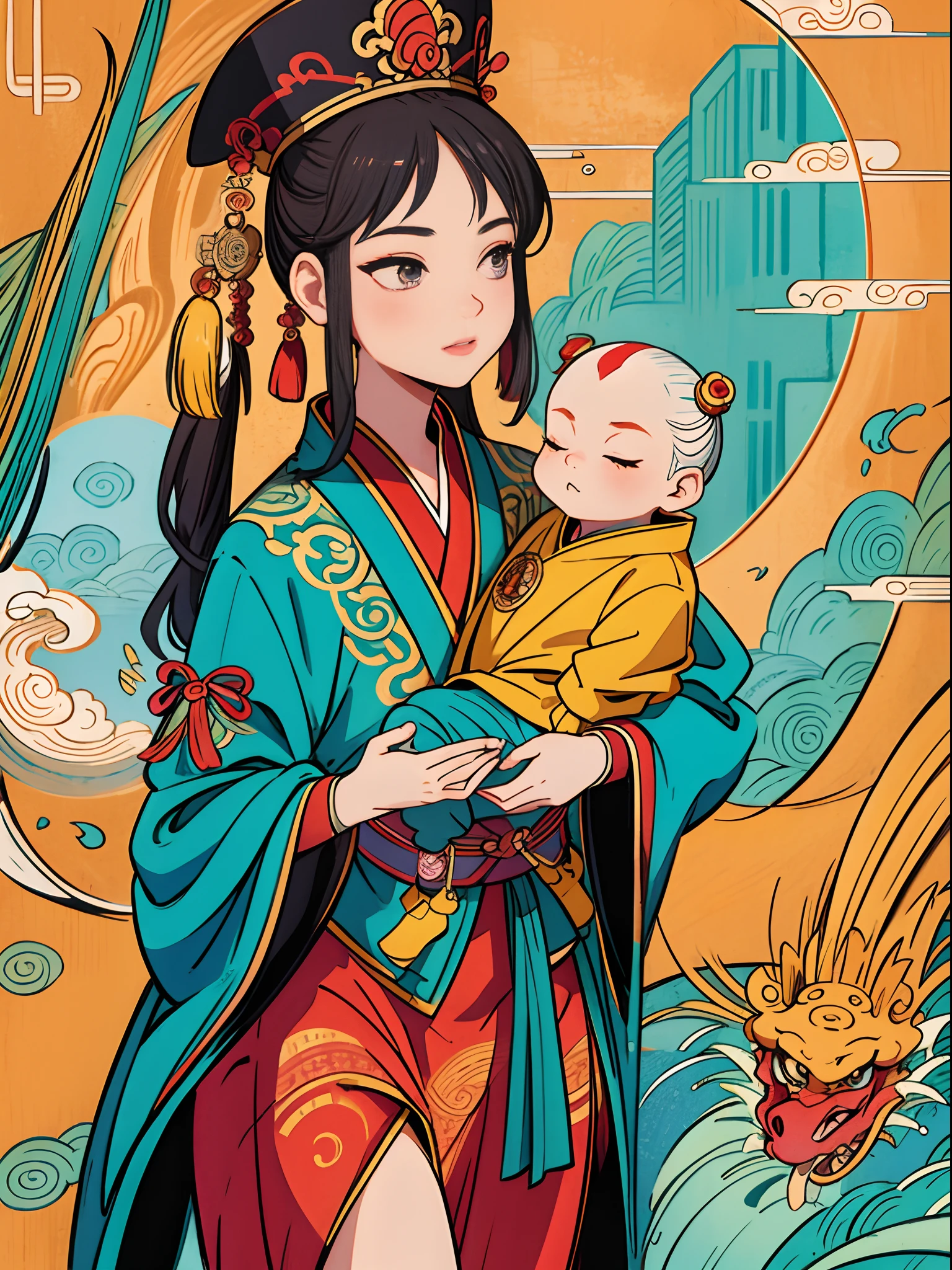 The beautiful 16-year-old Chinese queen holds a prince wearing dragon shavings in her arms, Walking, Straight eyes, radiating a brilliant aura, Rosary handle, Classical Chinese iconography